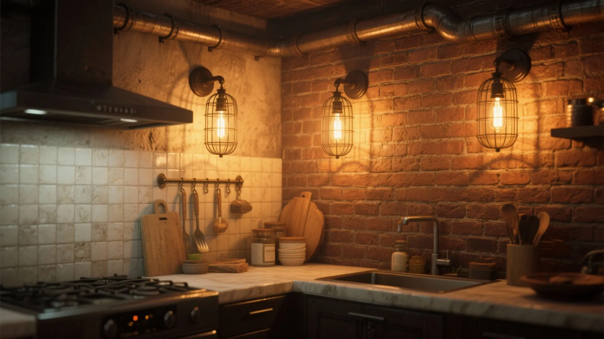 Industrial cage sconces with LED Edison-style bulbs over a cozy kitchen nook.