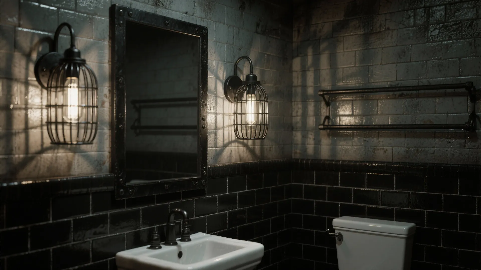 4. Black industrial cage sconces for dramatic texture