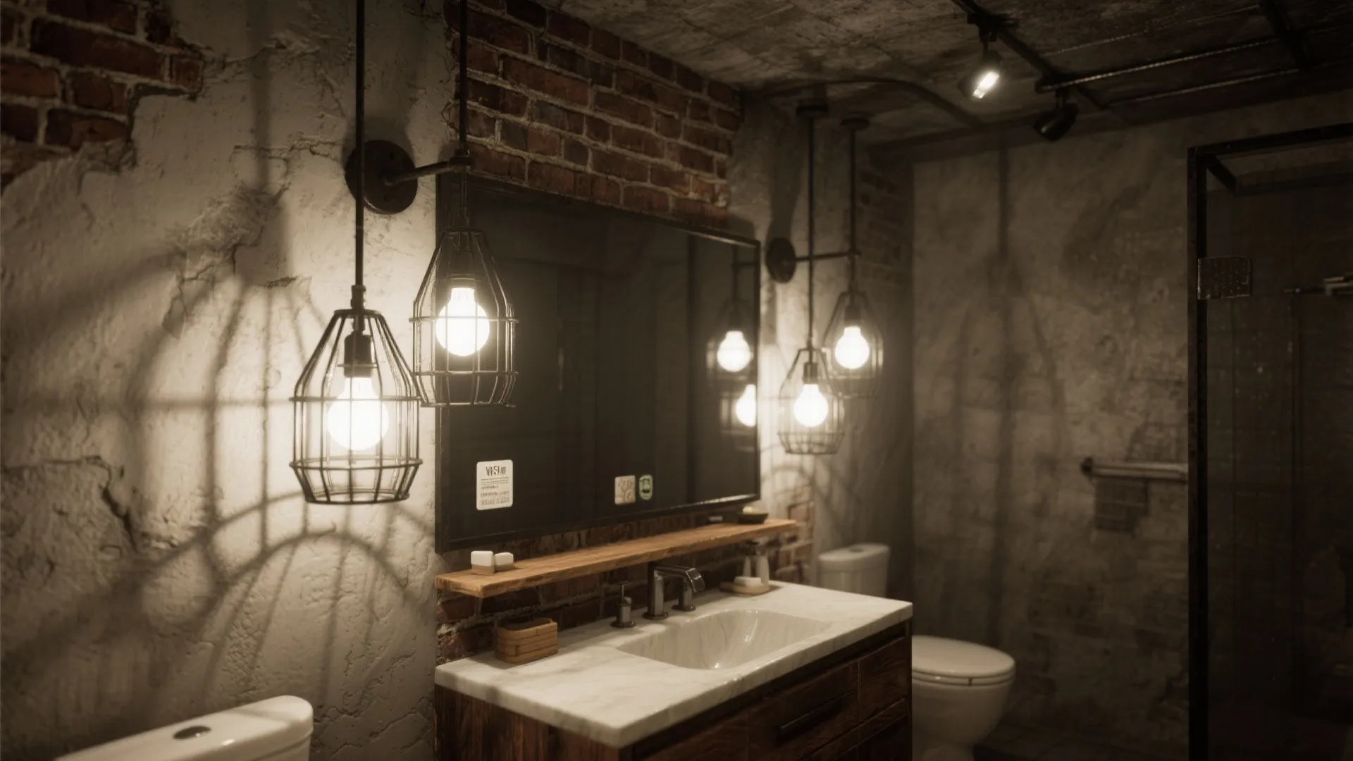 Industrial style bathroom with brick walls wooden cabinet and hanging black cage wall light fixtures