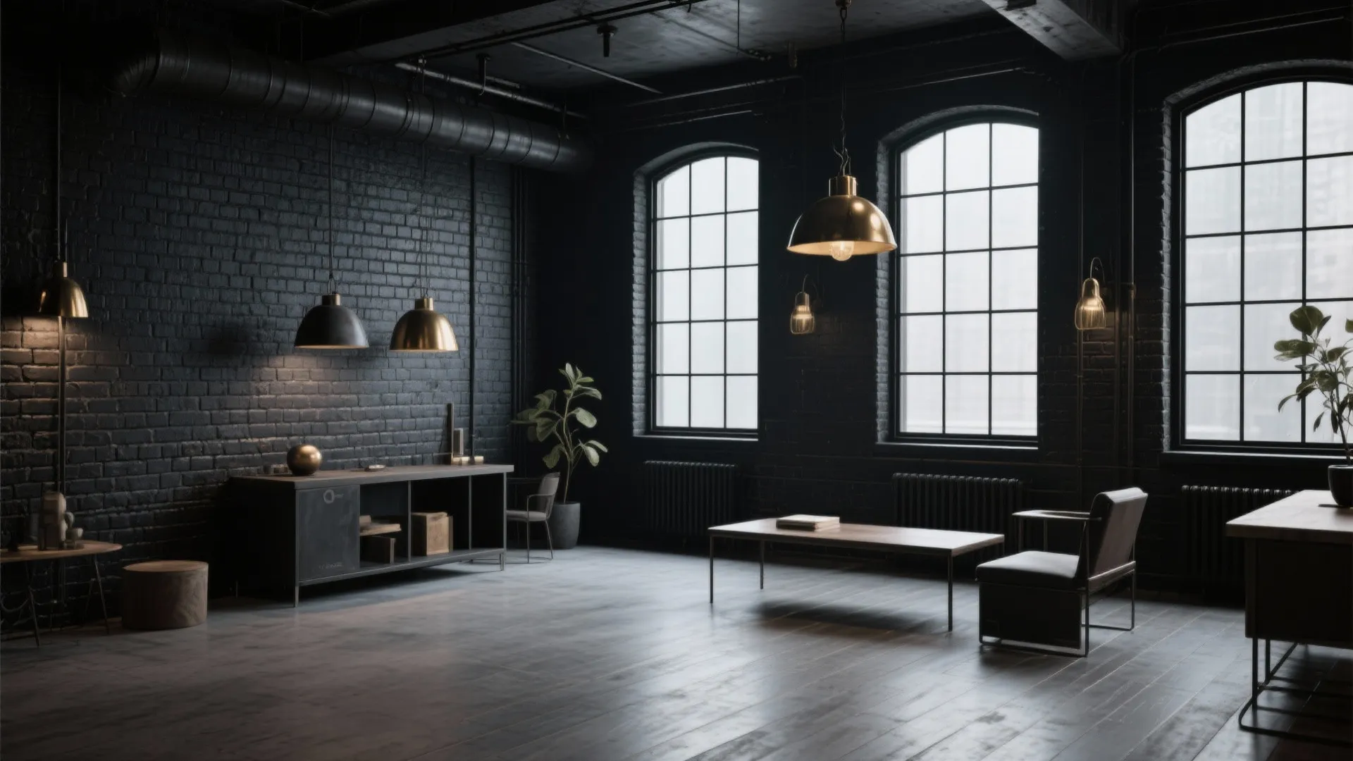 Dark industrial room with black brick walls, wood floors, gold ceiling lights, and large windows