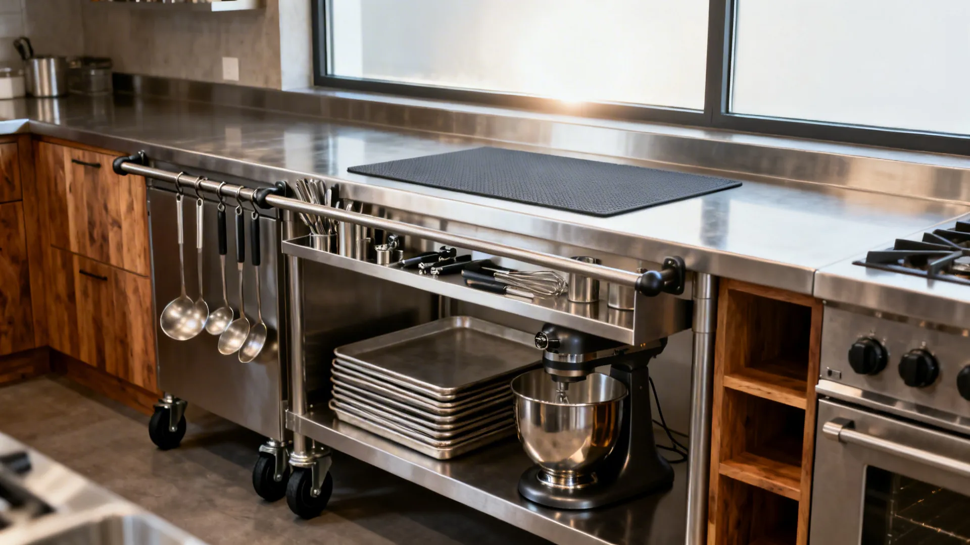 Stainless steel kitchen cart with hanging ladles, mixer, baking sheets, and utensils under metal counter
