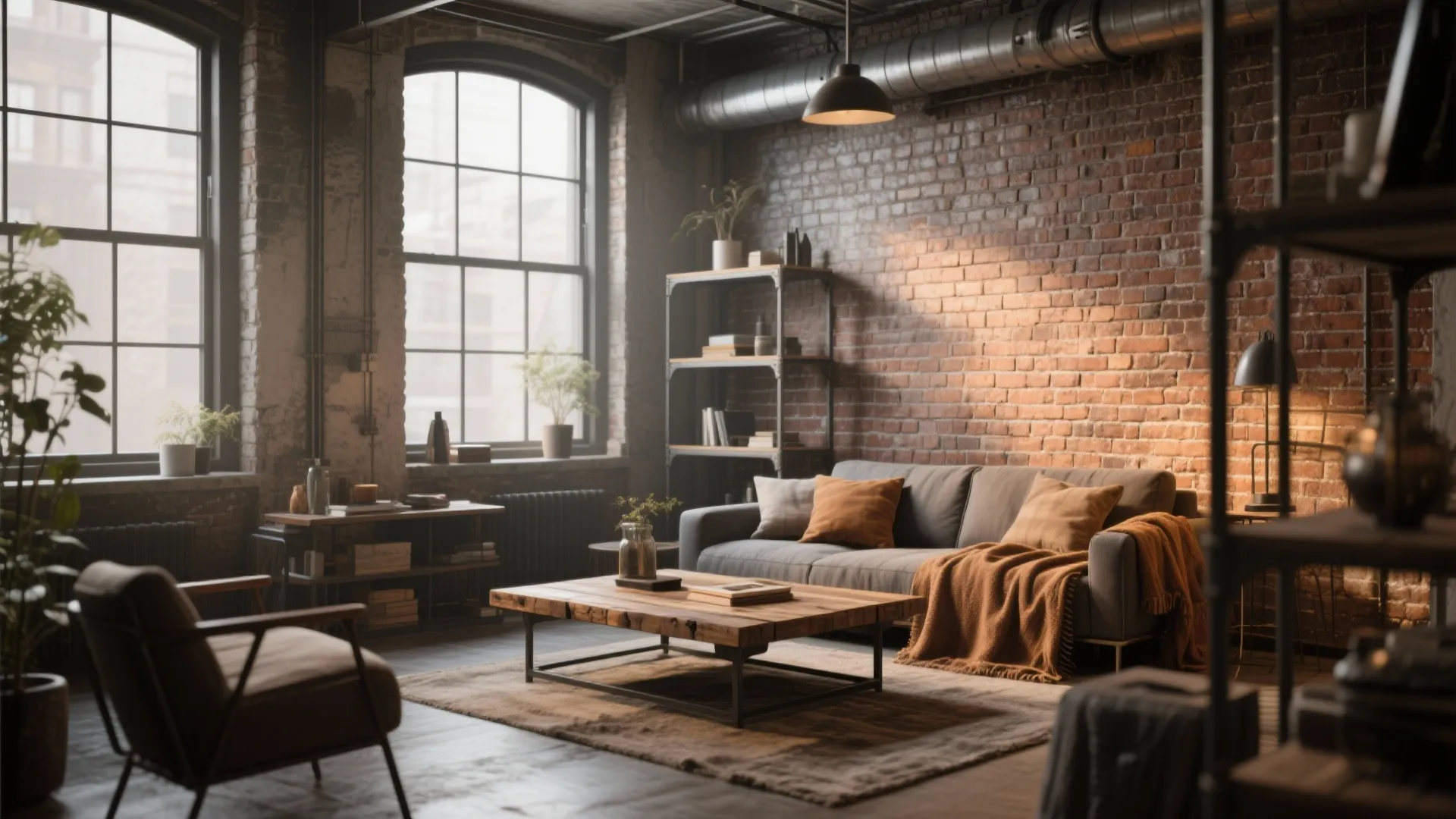 Industrial living room with brick wall and grey sofa and wooden table and large windows