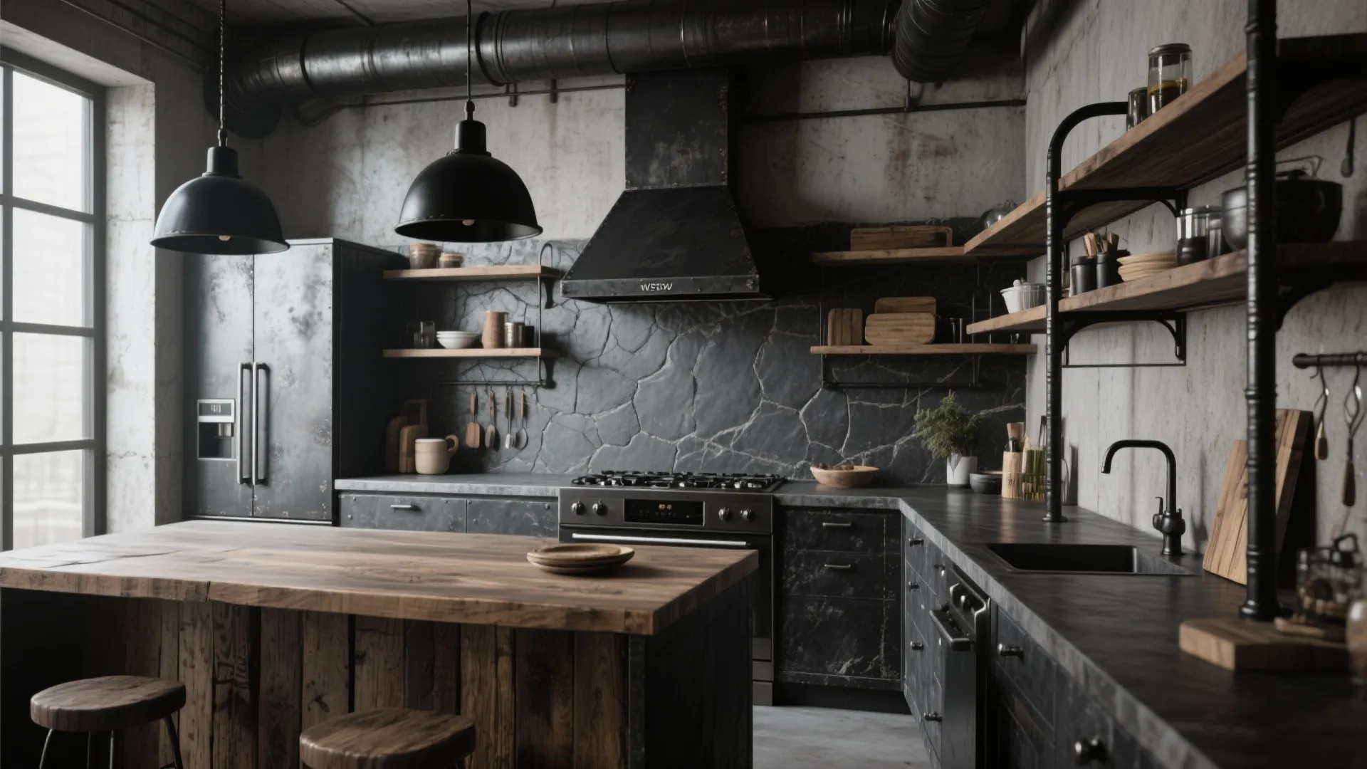 Industrial Chic — metal, wood and open shelving