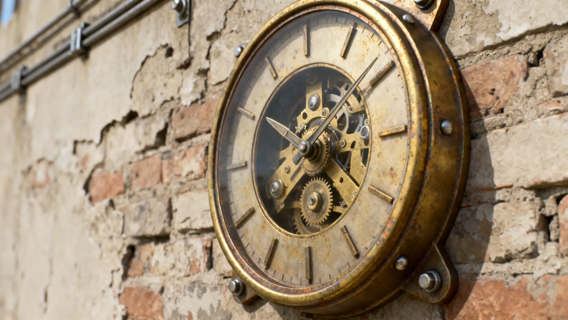 Close up of a vintage brass wall clock with visible gears mounted on old brick wall