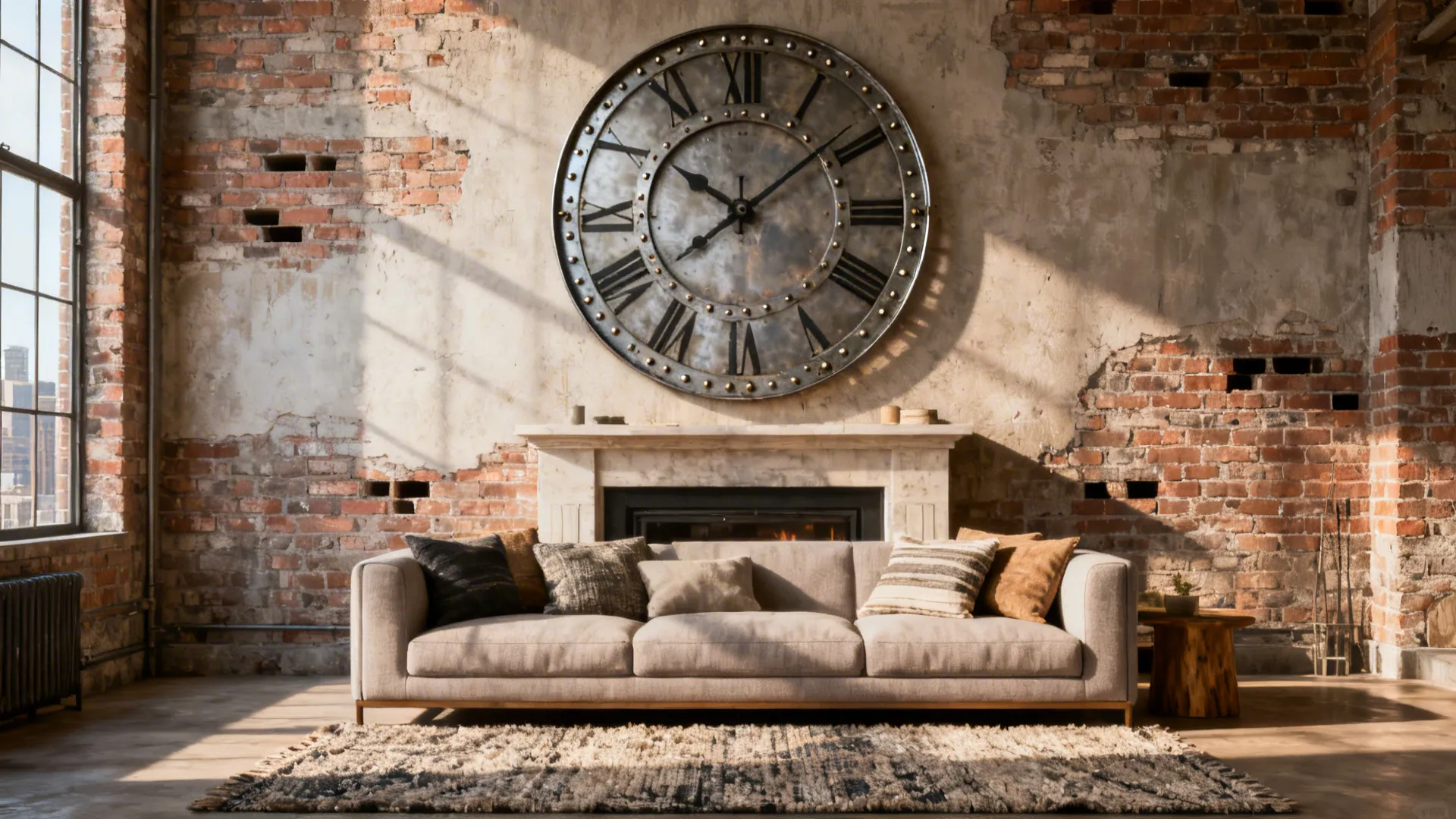 Industrial living room with large wall clock above a fireplace and a comfortable beige sofa