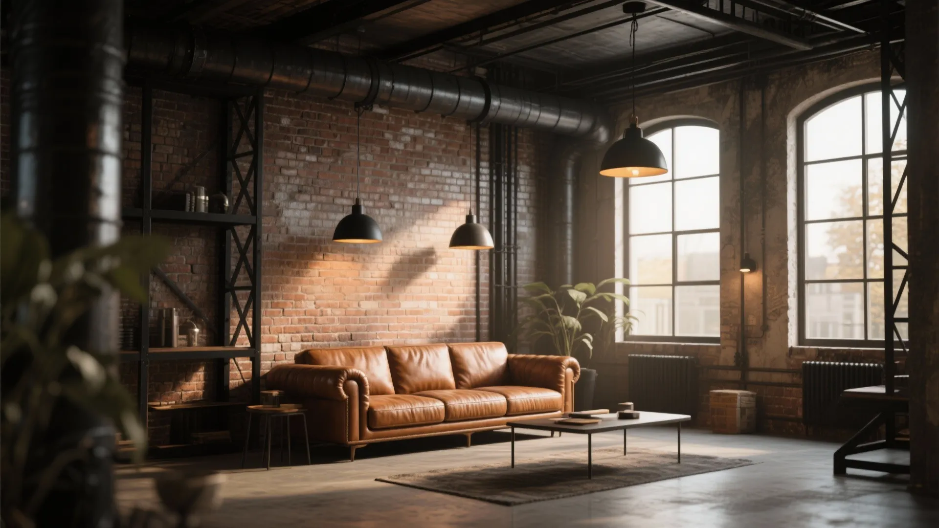 Industrial living room with brown leather sofa brick wall black ceiling light and large windows