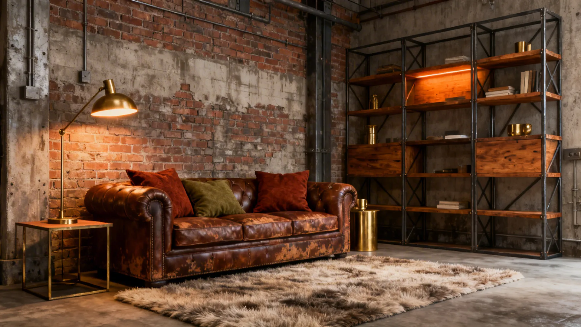 Industrial living room with exposed brick, leather sofa, warm wood shelving and layered lighting.