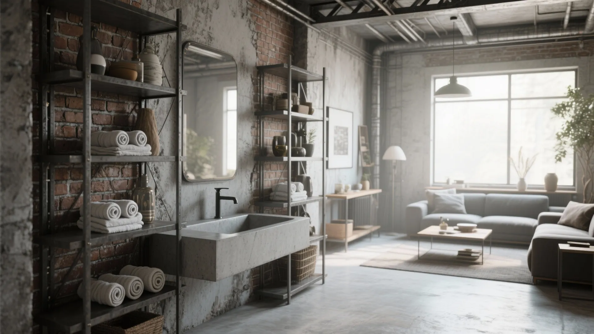 Industrial style living room featuring exposed brick walls concrete sink metal shelves and grey sofa furniture