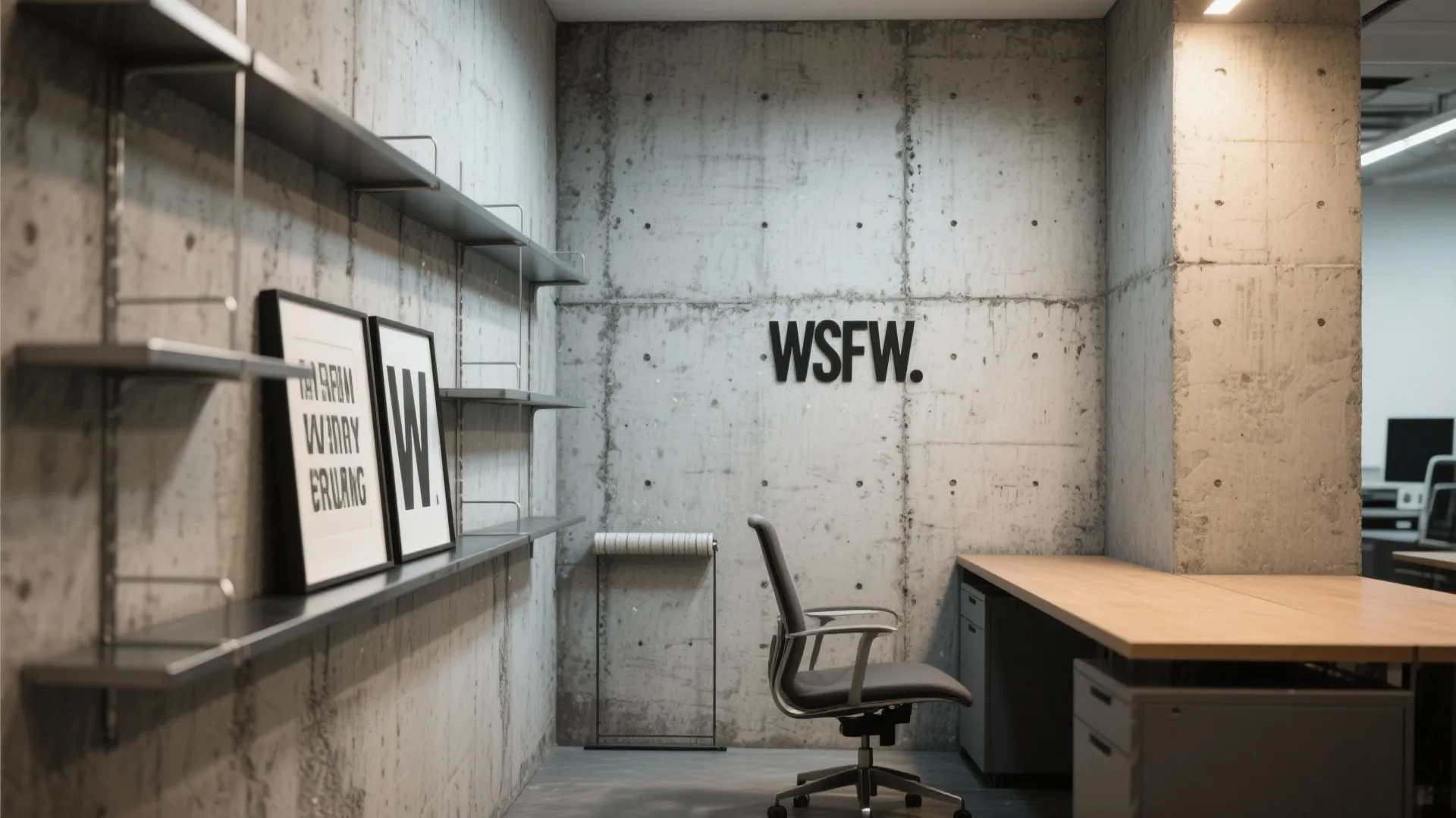 Office nook with industrial concrete roller textured wall