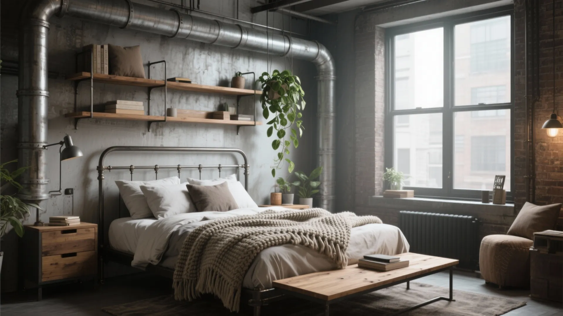 Industrial bedroom design with exposed metal pipes wood shelves hanging plants and large black framed windows