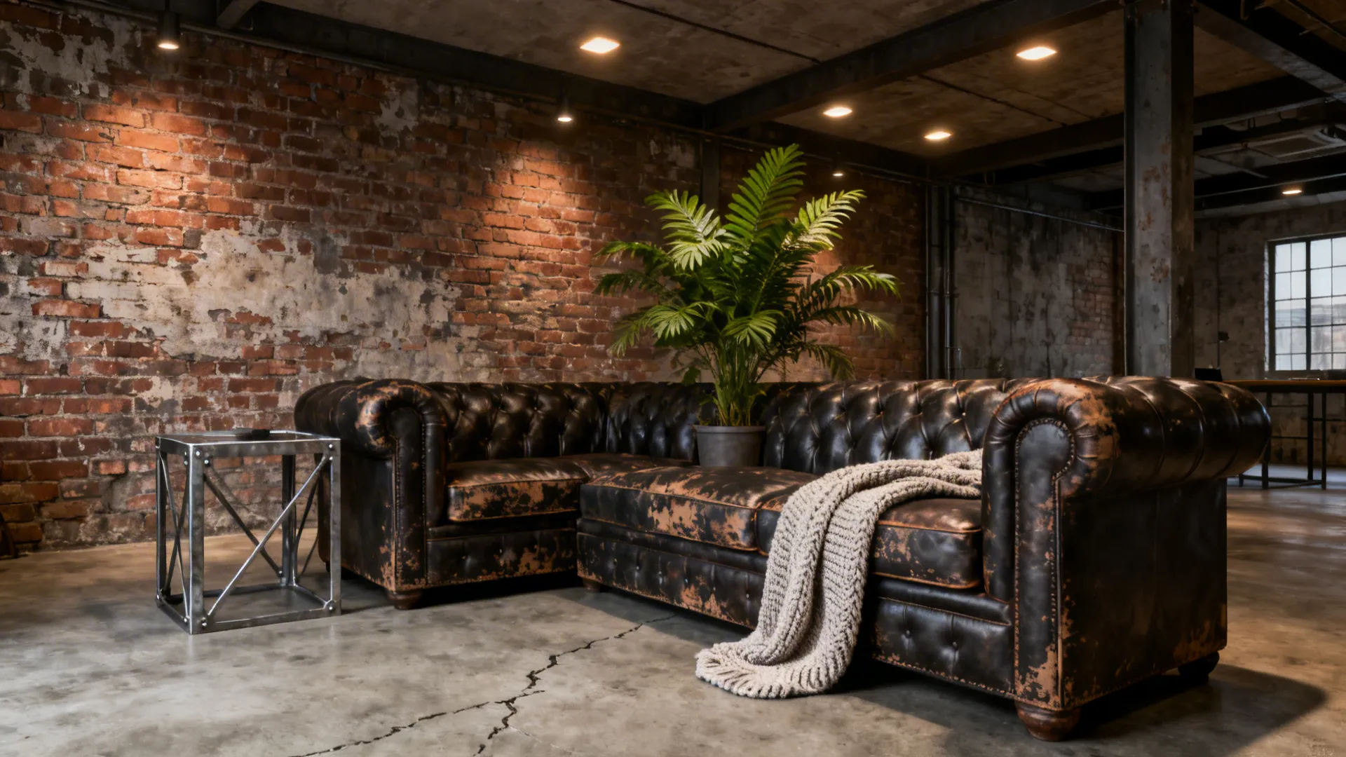 Industrial living room with dark leather sofa against a red brick wall and green plants
