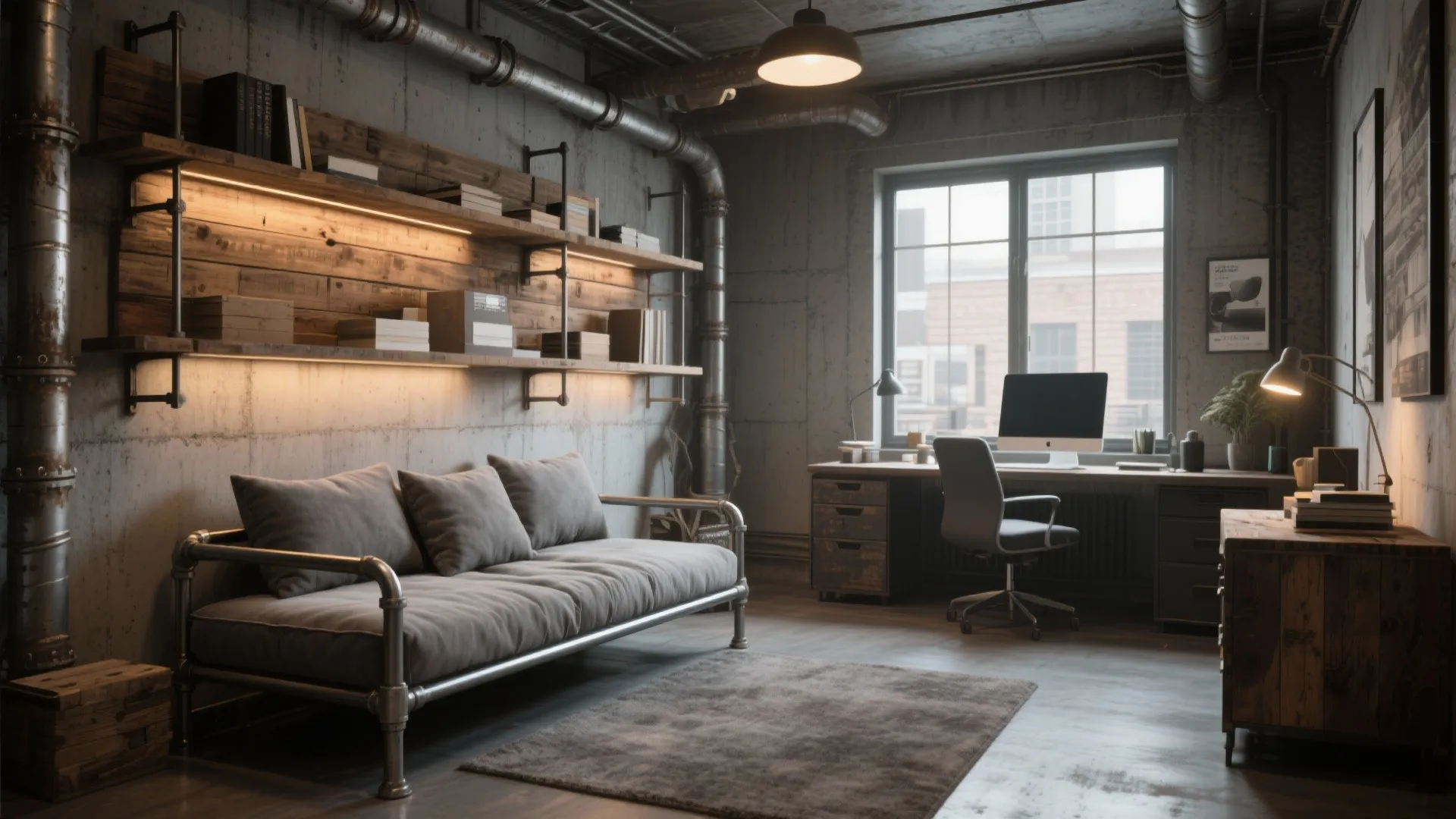 Industrial home office featuring concrete walls exposed pipes metal frame sofa wooden shelves and work desk