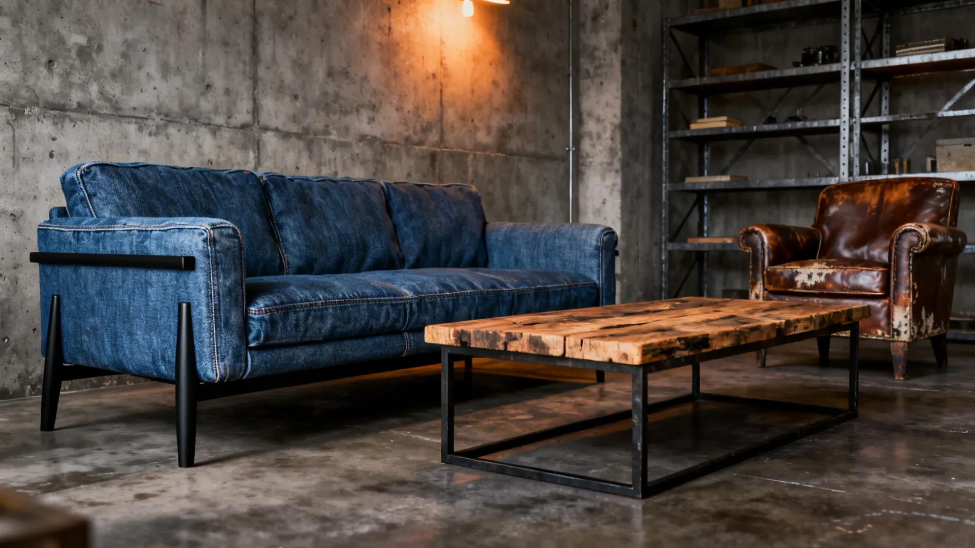 Industrial living room with a denim-blue sofa, reclaimed wood table and leather armchair.