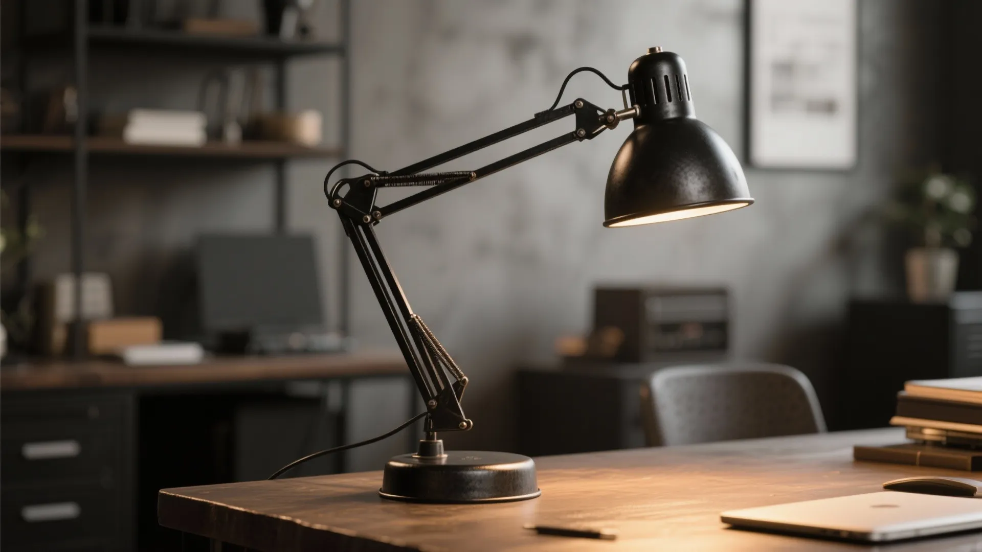 Black metal adjustable desk lamp on a wooden table in a dark modern home office