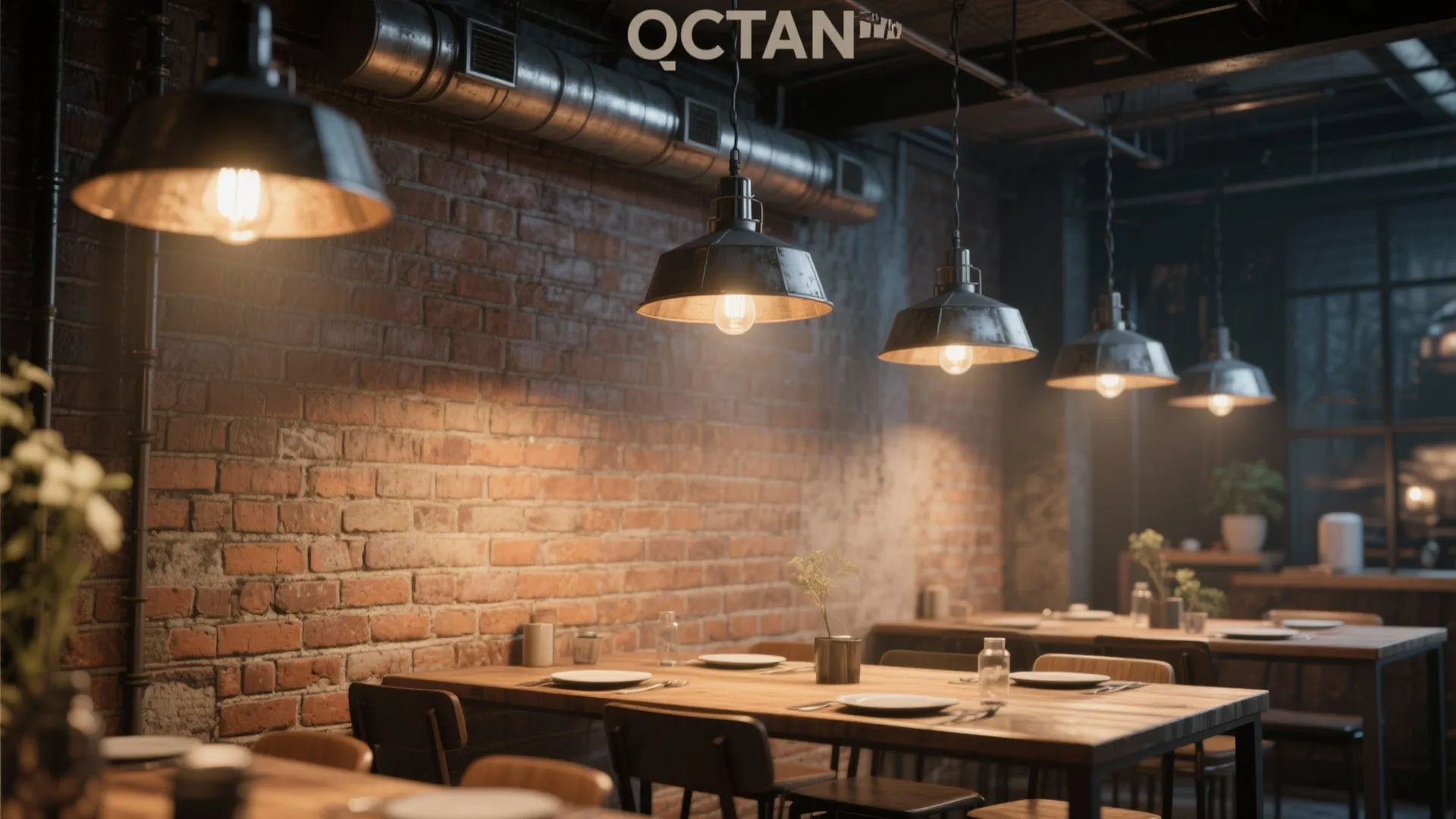 Industrial dining room with brick walls and black metal ceiling lights hanging over wooden tables