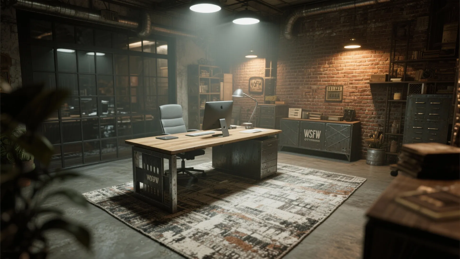 Industrial office with distressed flat-weave rug