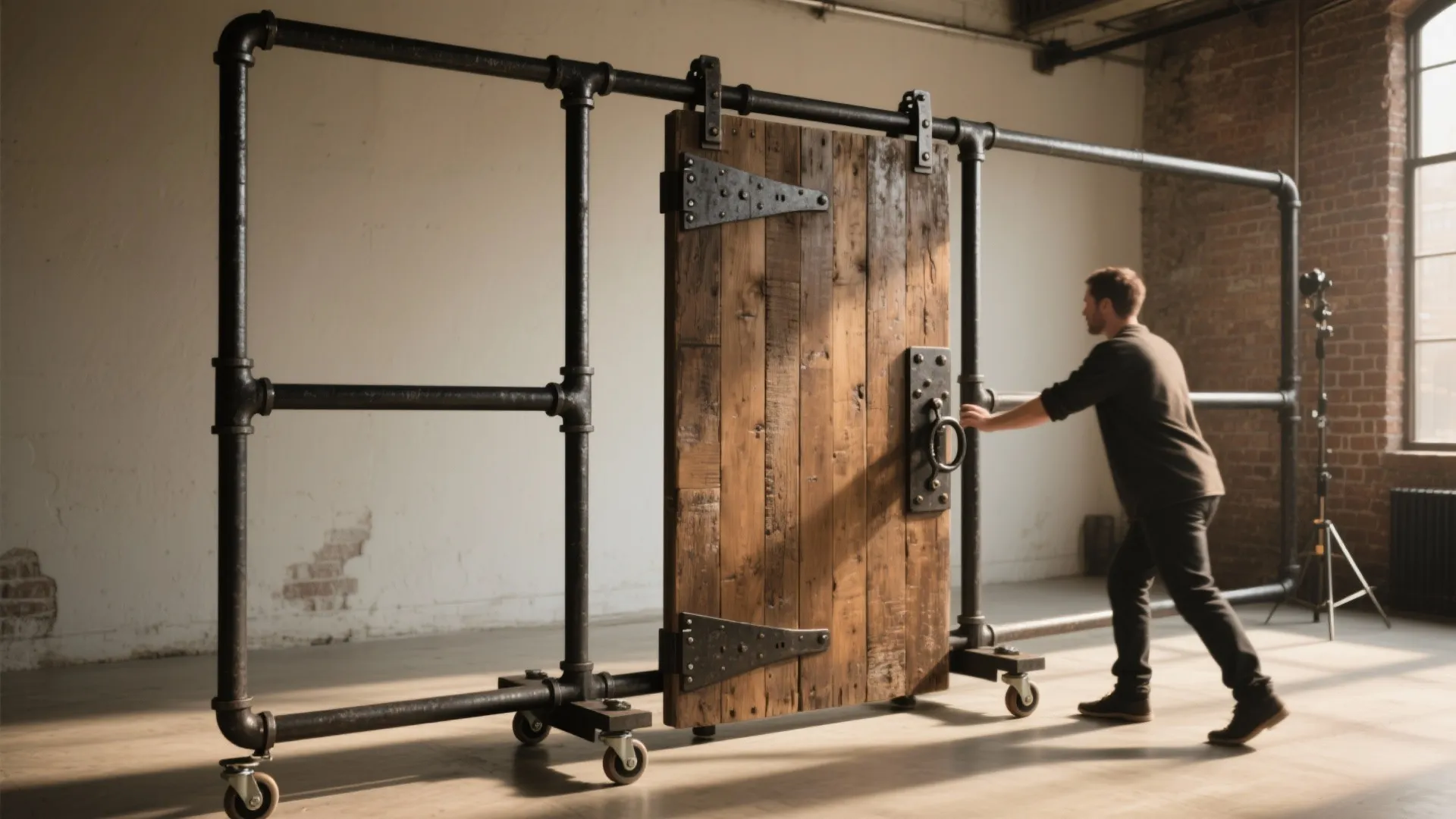 Industrial steel-pipe frame on swivel casters holding a reclaimed wooden door as a movable partition.