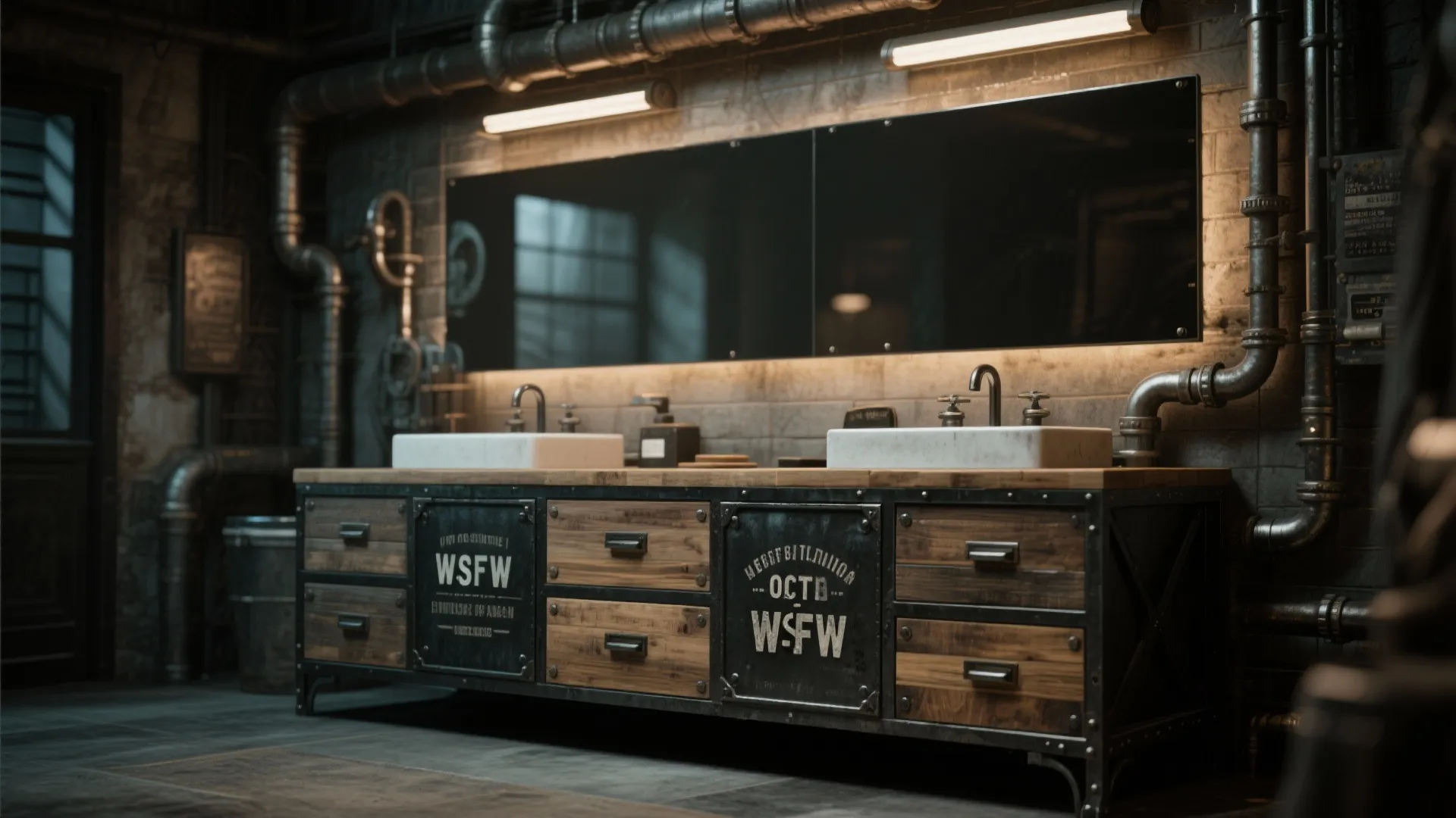 Industrial bathroom with double sinks on wood cabinet featuring metal pipes and large black mirror