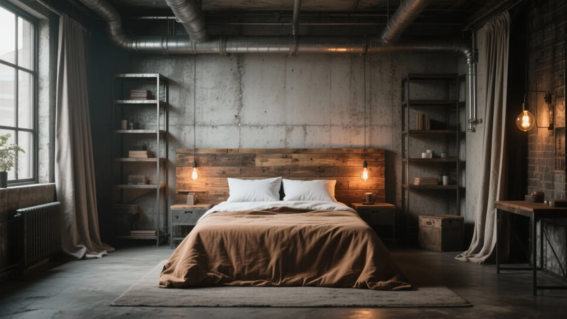 Industrial masculine bedroom with reclaimed wood headboard, metal shelving and Edison pendant lights