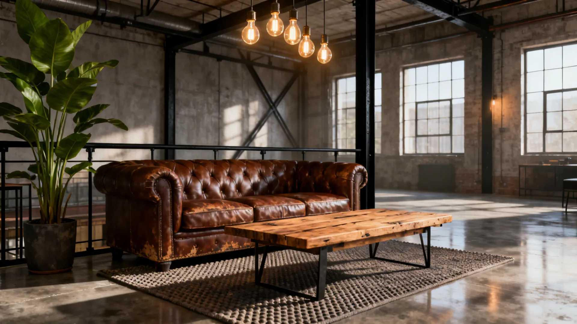 Industrial loft with a brown leather sofa, concrete floor, and metal accents