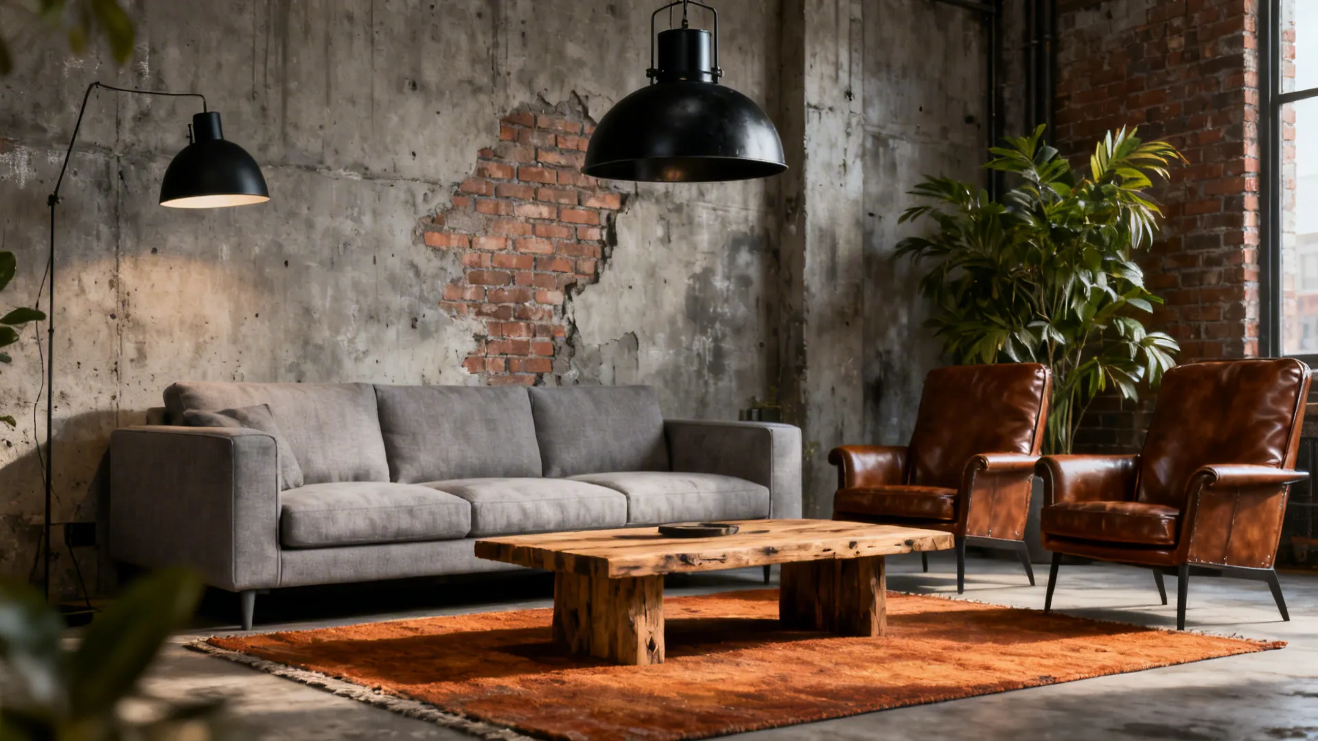Industrial living room with grey sofa brown leather chairs wooden coffee table and brick wall design