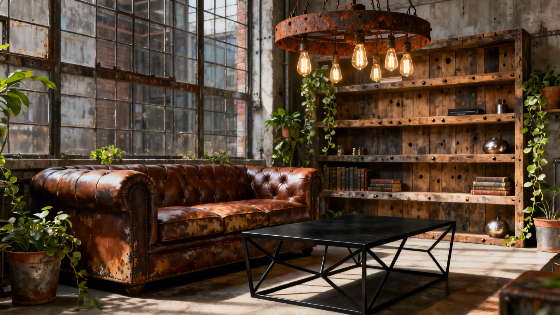 Industrial living room with brown leather sofa, black metal table and reclaimed wood shelves.
