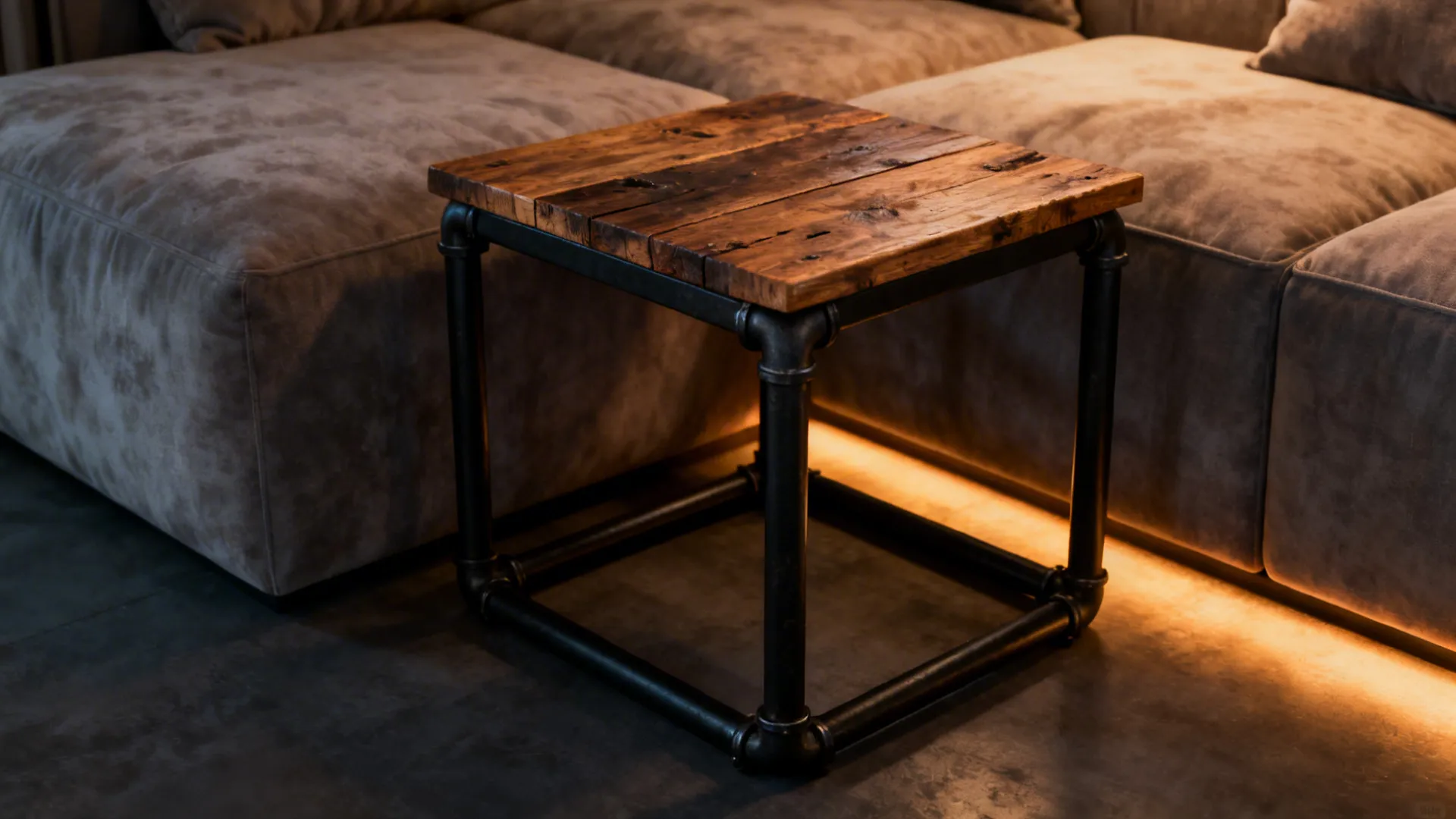 Square side table with a wooden top and black metal pipe legs near a sofa
