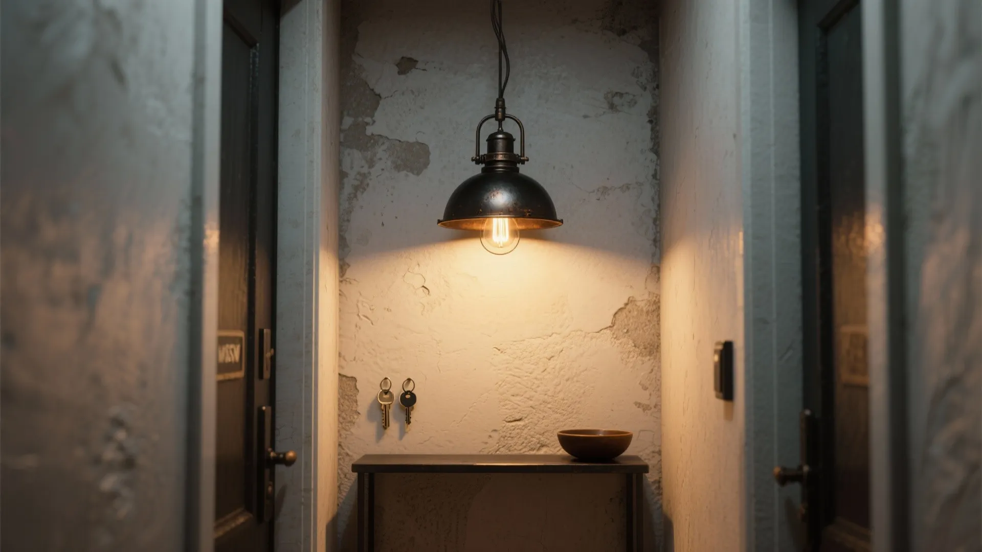 Narrow entryway lit by an industrial metal pendant above a slim console, hiding wall scuffs