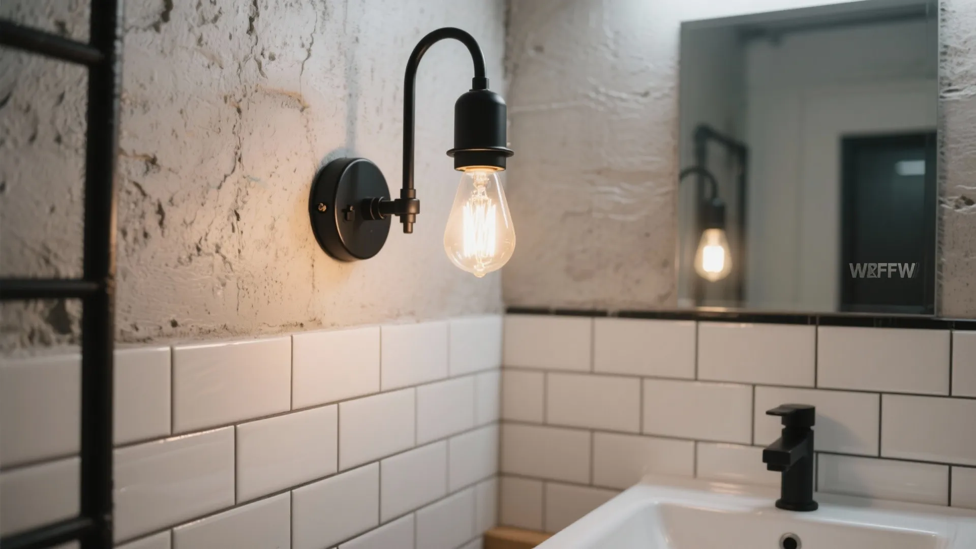 Industrial black metal sconce with an exposed filament bulb on a white tile bathroom wall.