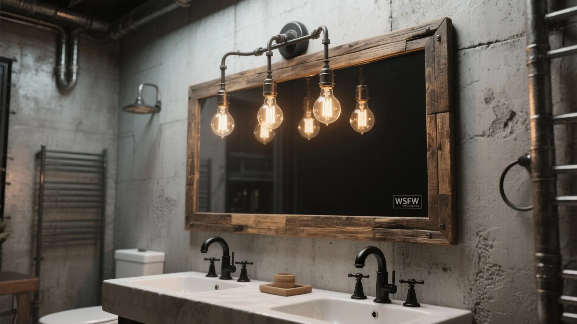 Loft bathroom with a 3-bulb exposed-bulb fixture on a matte black backplate and reclaimed wood mirror frame