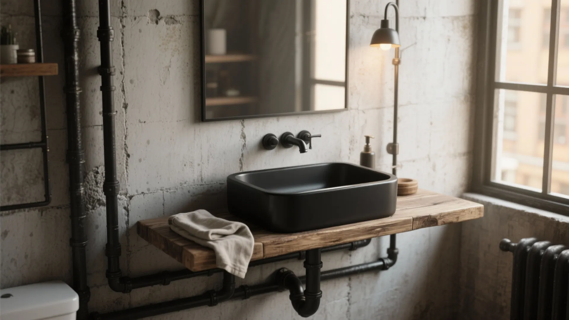 Industrial bathroom with black sink on wood shelf exposed black water pipes and concrete walls