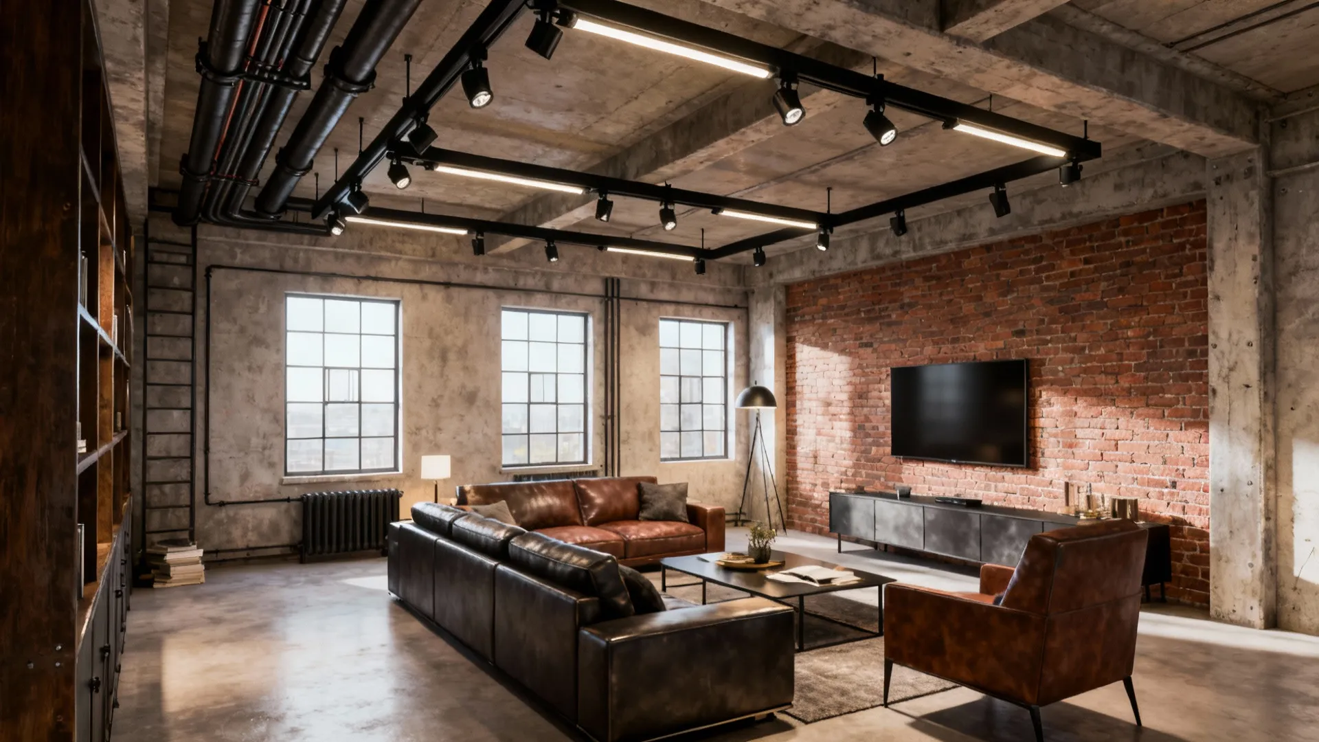 Industrial living room featuring red brick wall leather sofa black track ceiling light and windows