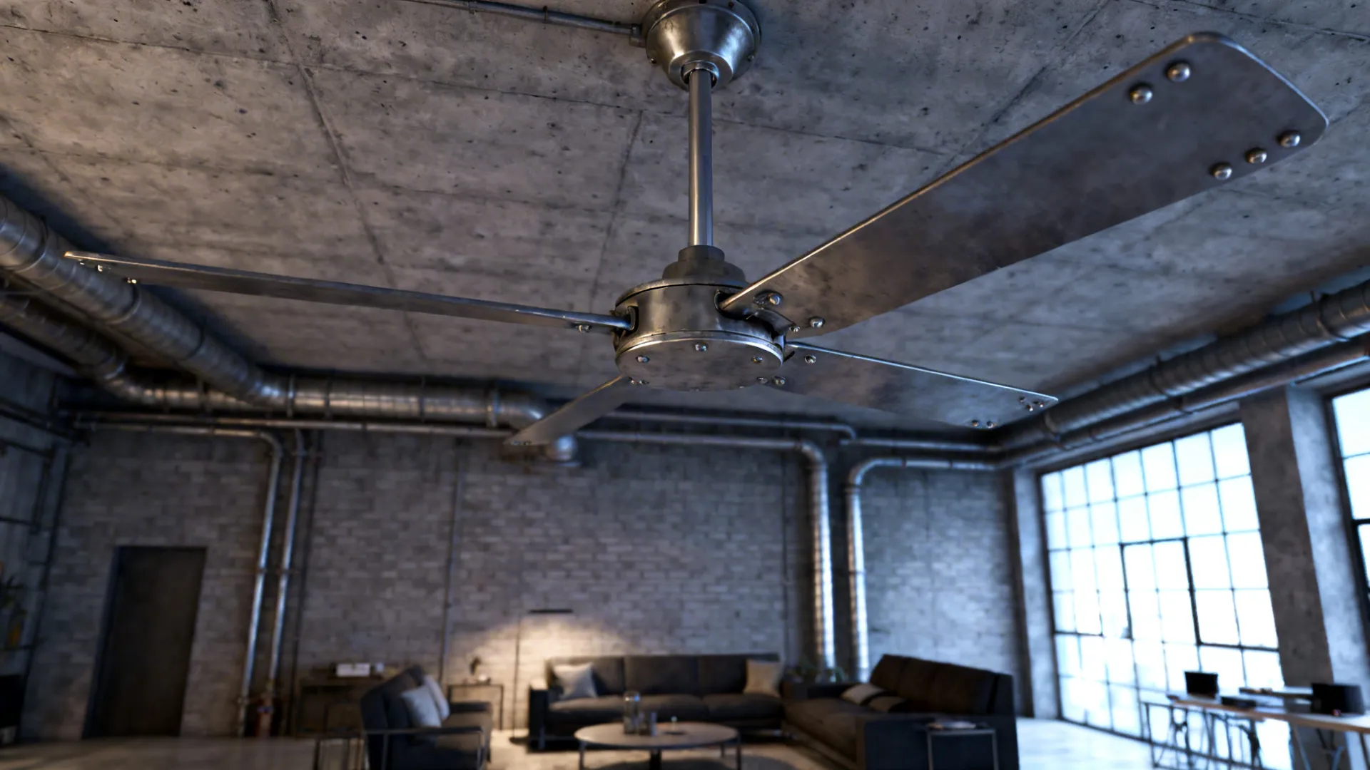 Loft-style living room with a large industrial metal fan and exposed ceiling elements.