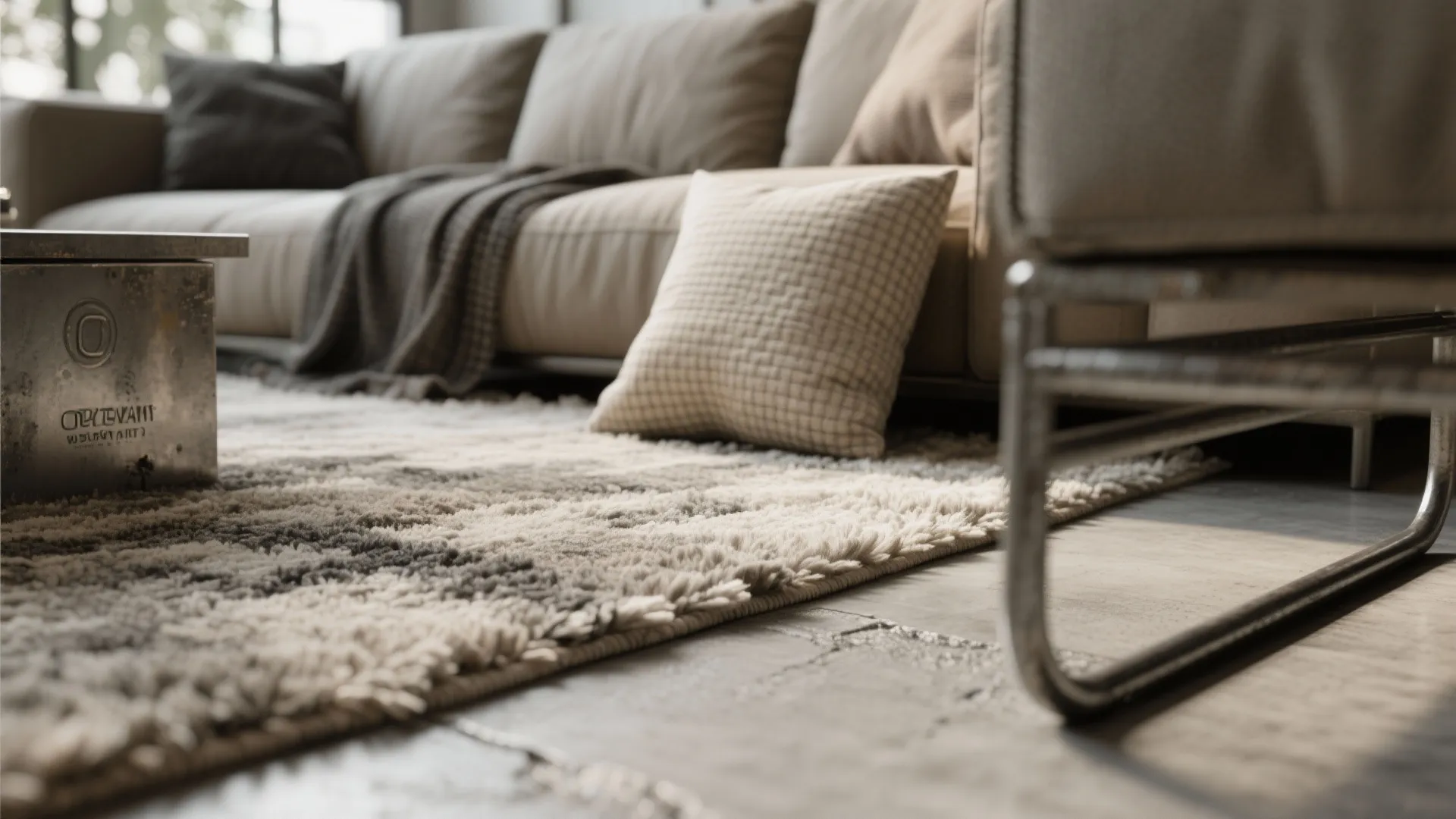 Modern industrial living room featuring beige sofa grey blanket textured rug and metal coffee table