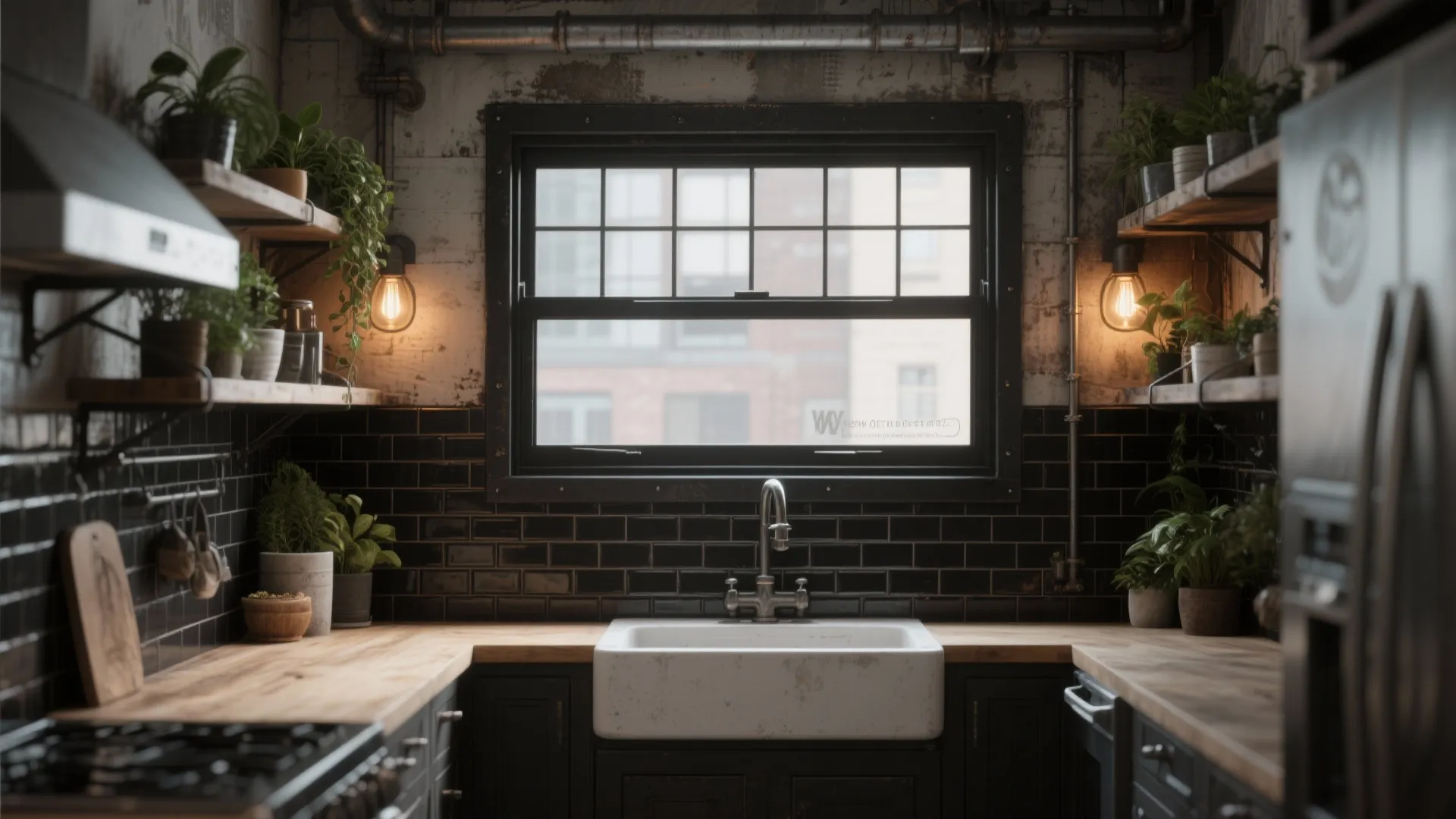 Industrial garage-style window framed by subway tiles and metal shelves in a compact kitchen, creating a loft vibe.