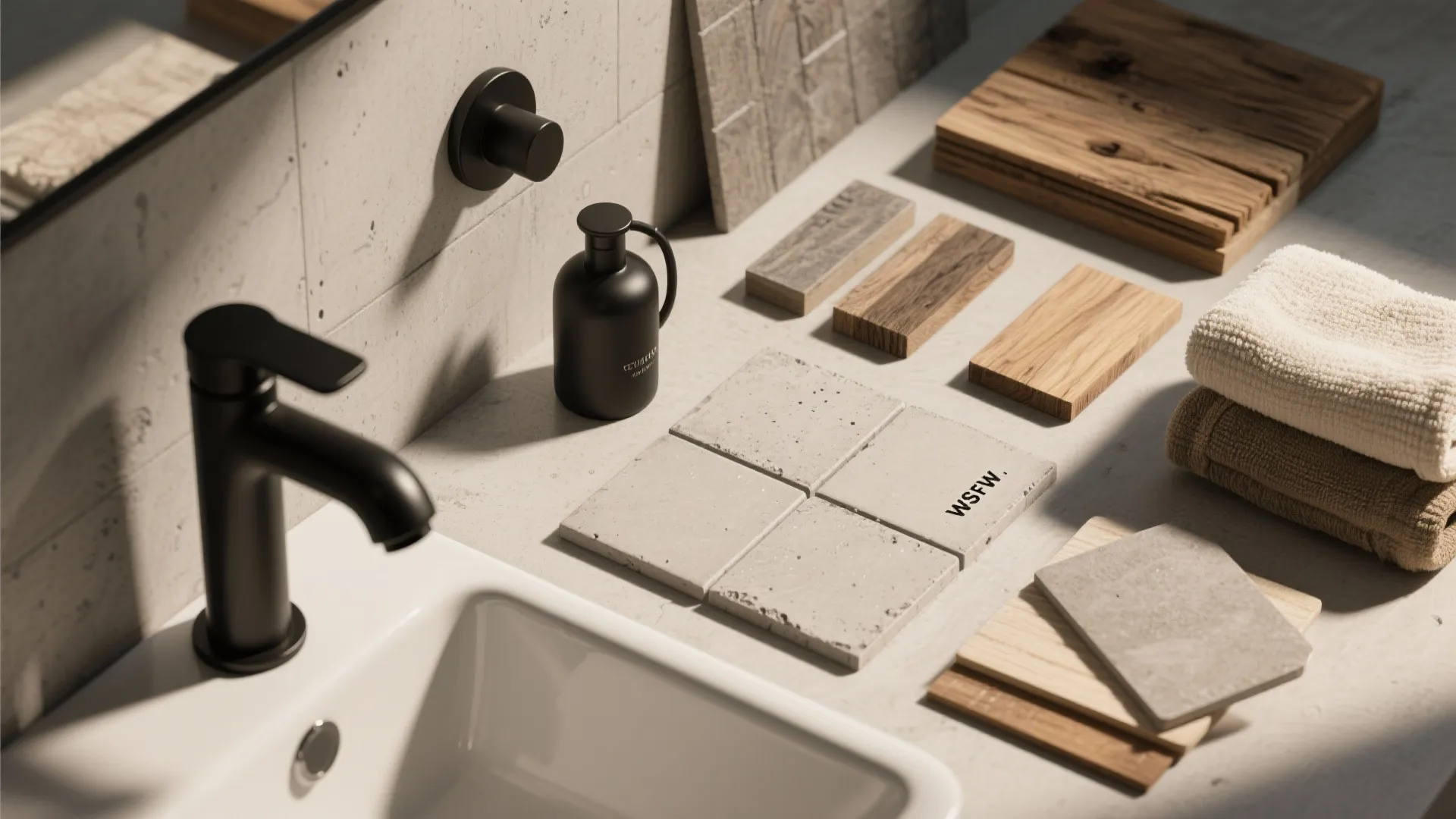 Modern bathroom sink with black faucet plus wood and stone material samples for interior design