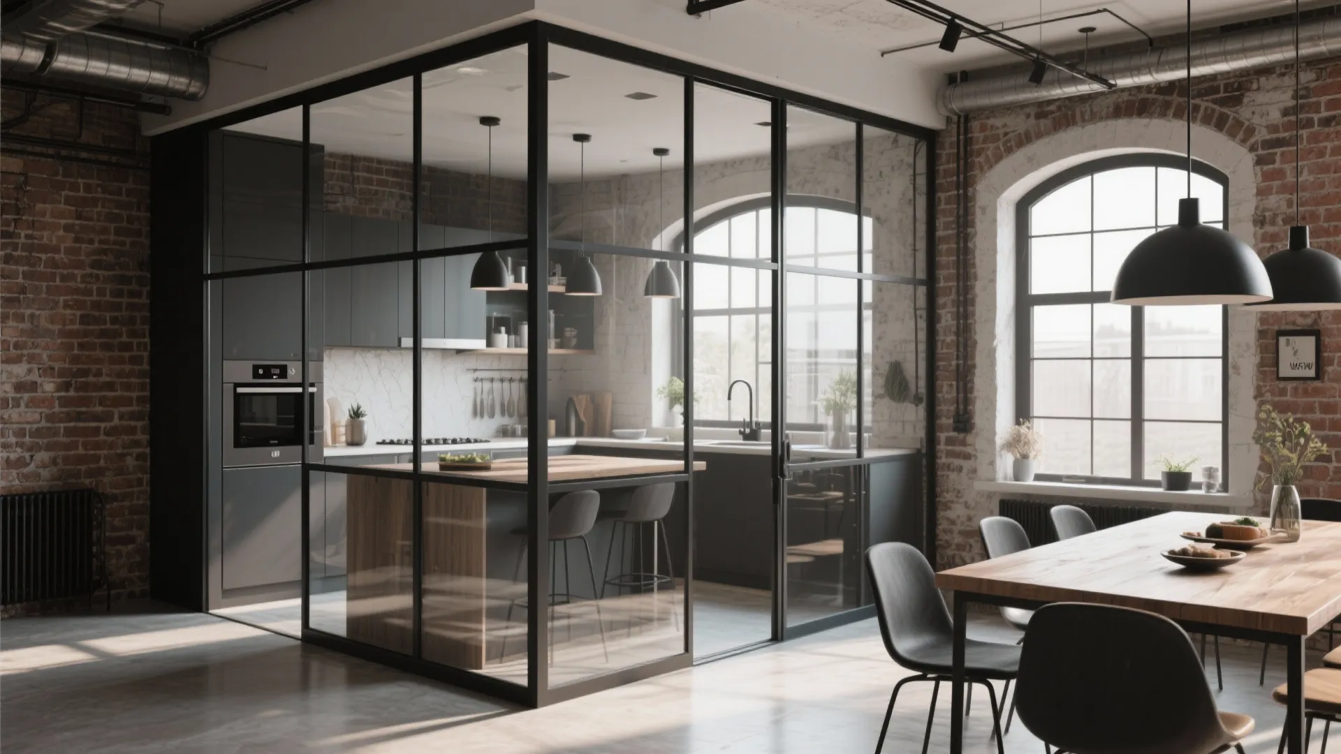 Industrial frame with glass panels