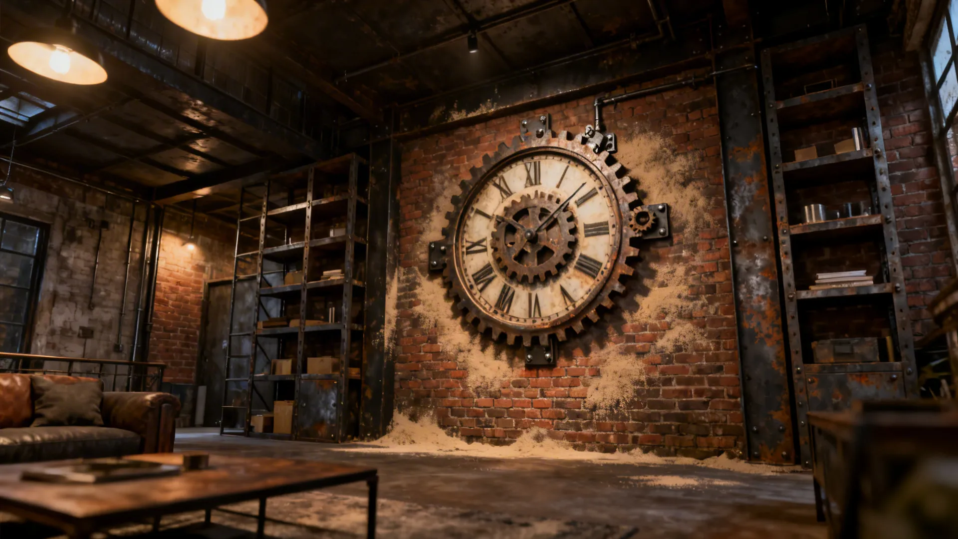 Loft living room with exposed brick and a large industrial gear-style wall clock