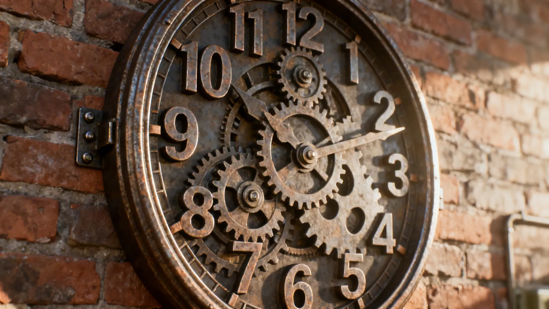 Large metal wall clock with visible gears mounted on a red brick wall in sunlight