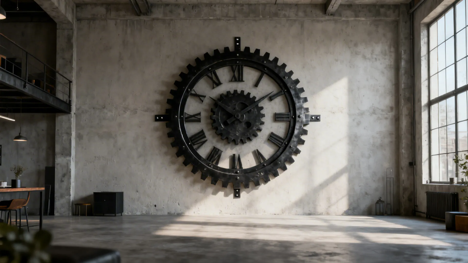 Oversized industrial gear wall clock mounted on a plain wall in a loft-style room