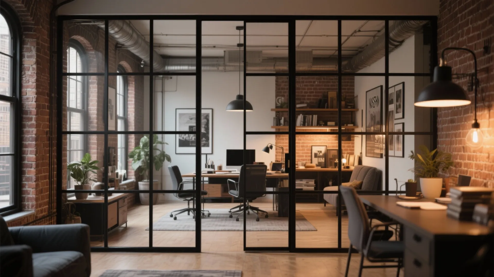 Industrial-Style Glass Walls with Metal Frames
