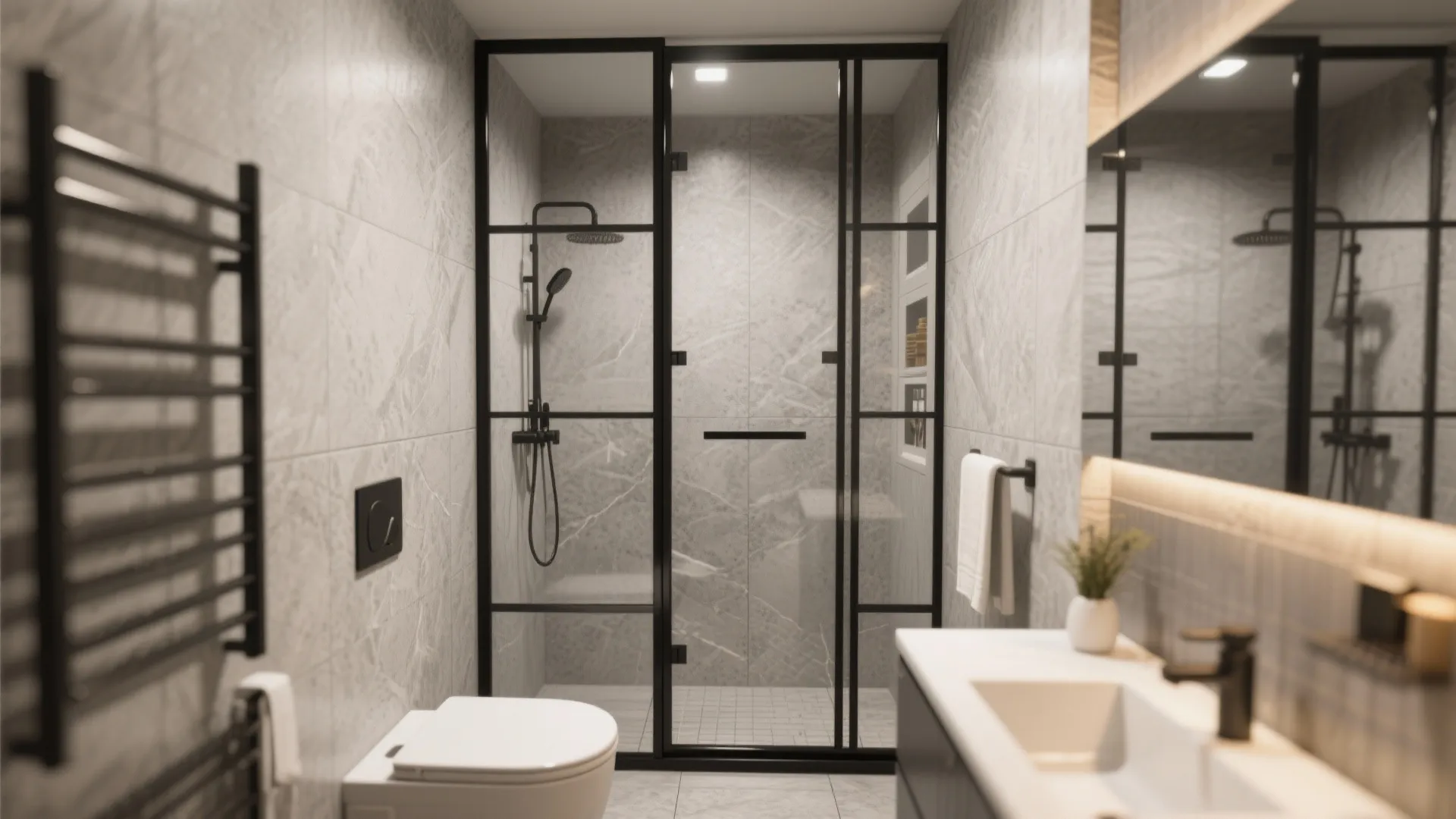 Small bathroom interior with black framed glass shower door marble tiles and white hanging toilet
