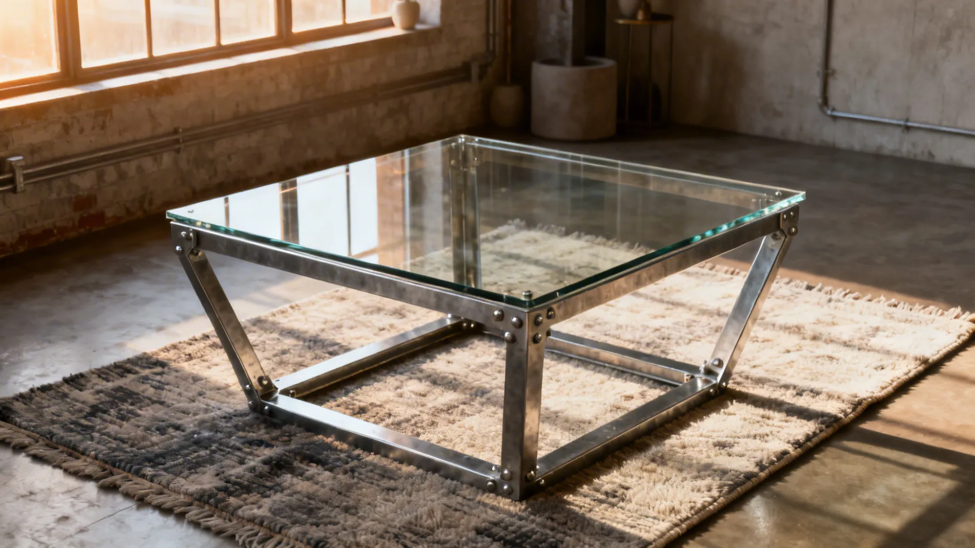 Glass top end table with an open metal frame base in an industrial-modern loft setting on a textured rug.