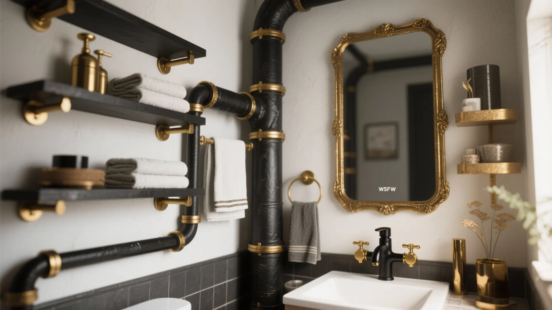 Industrial bathroom with black pipes gold mirror black faucet white sink and wooden shelves with towels