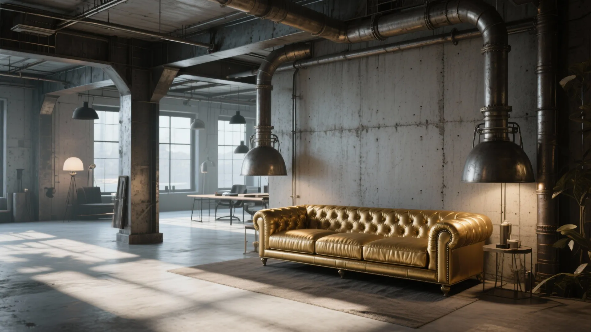 Industrial loft with concrete walls, gold sofa, metal pipes, grey floor, large windows, and dark lights
