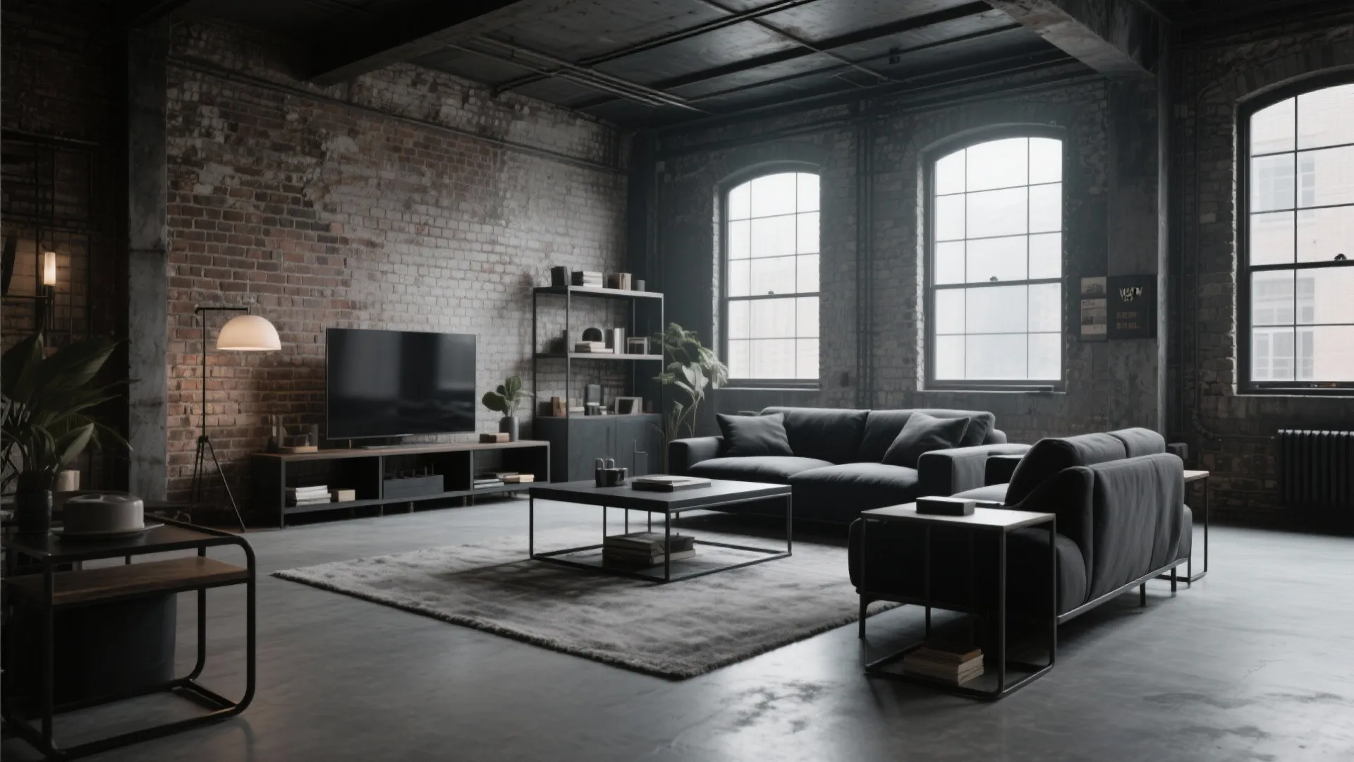 Industrial living room with brick walls dark sofas floor lamp large windows and gray floor