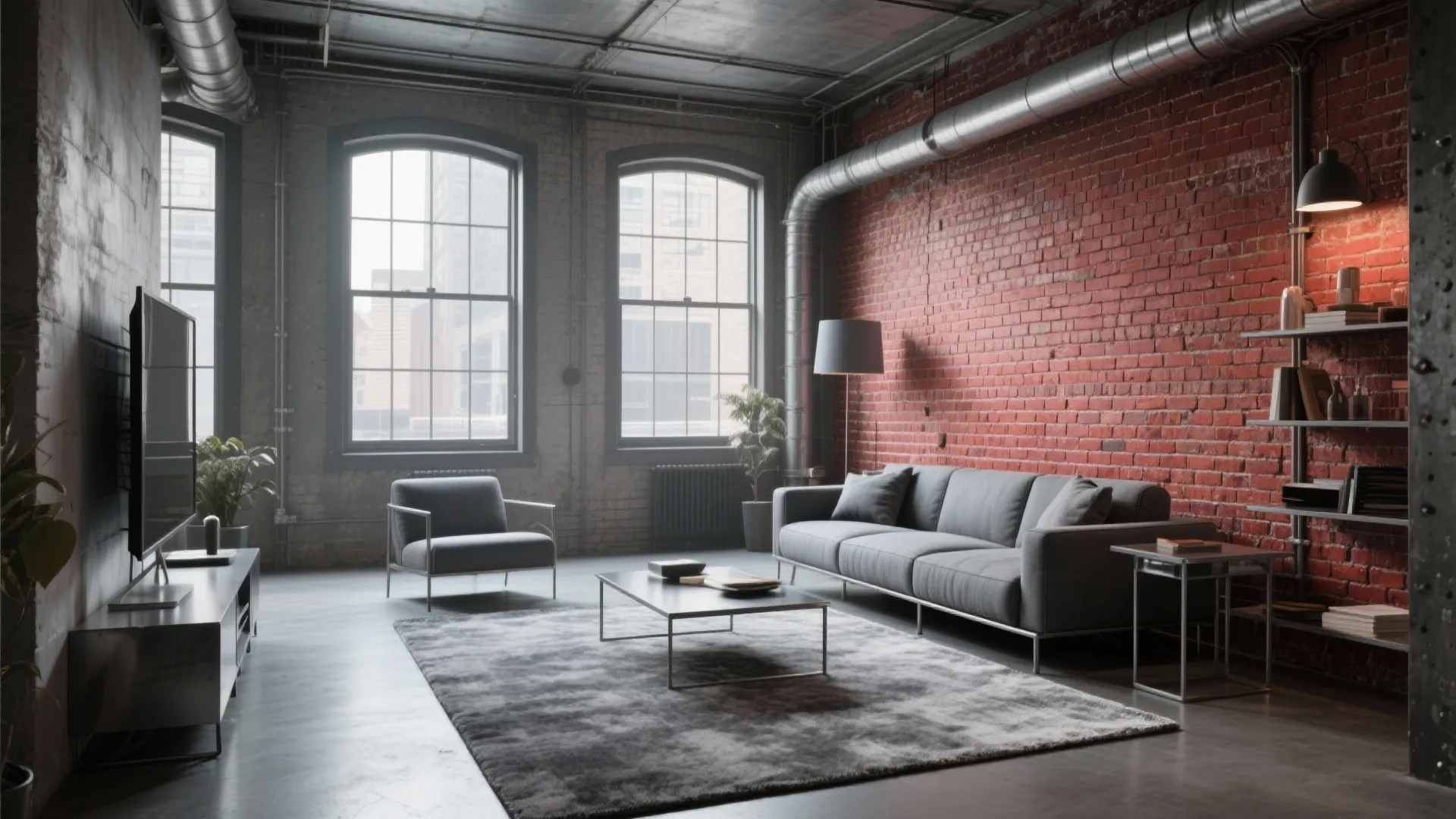 Industrial living room with exposed brick and gray furnishings