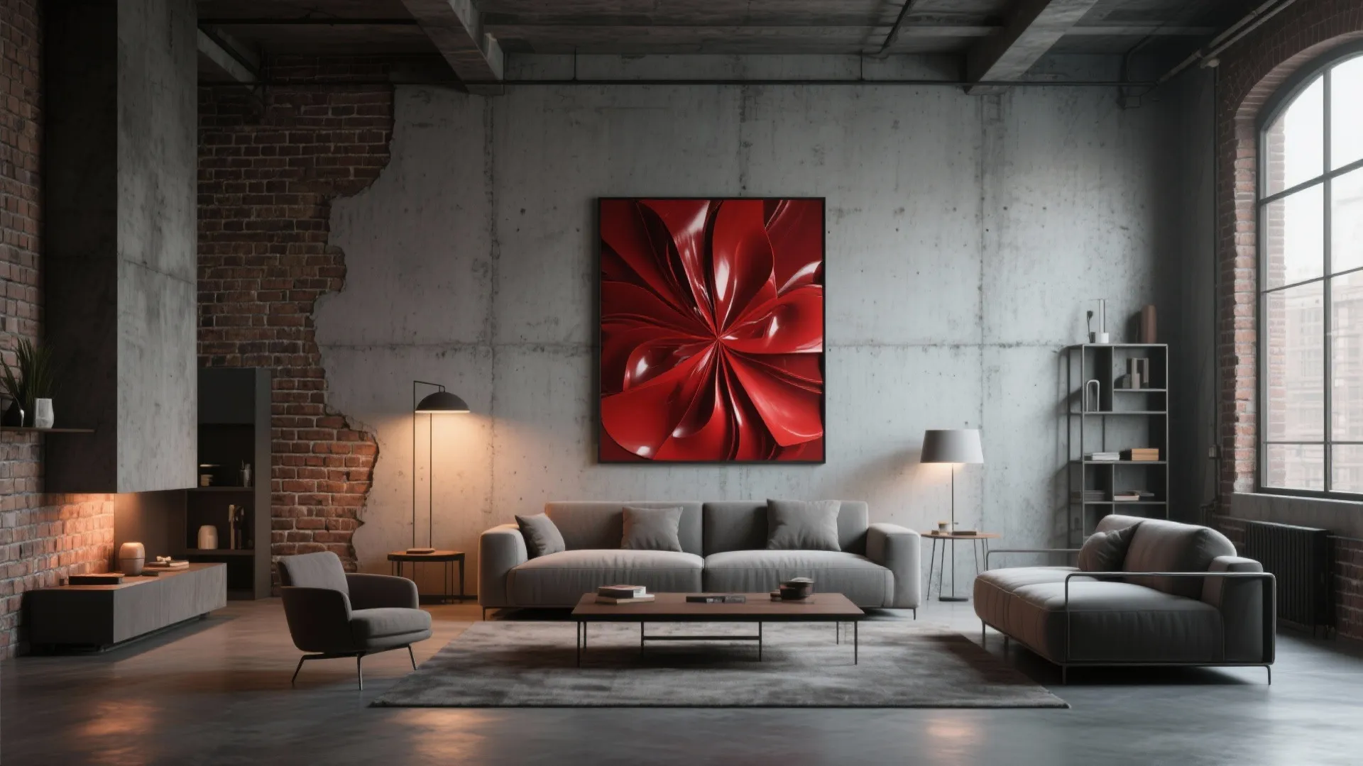 3. Industrial Gray Walls with Cherry Red Art