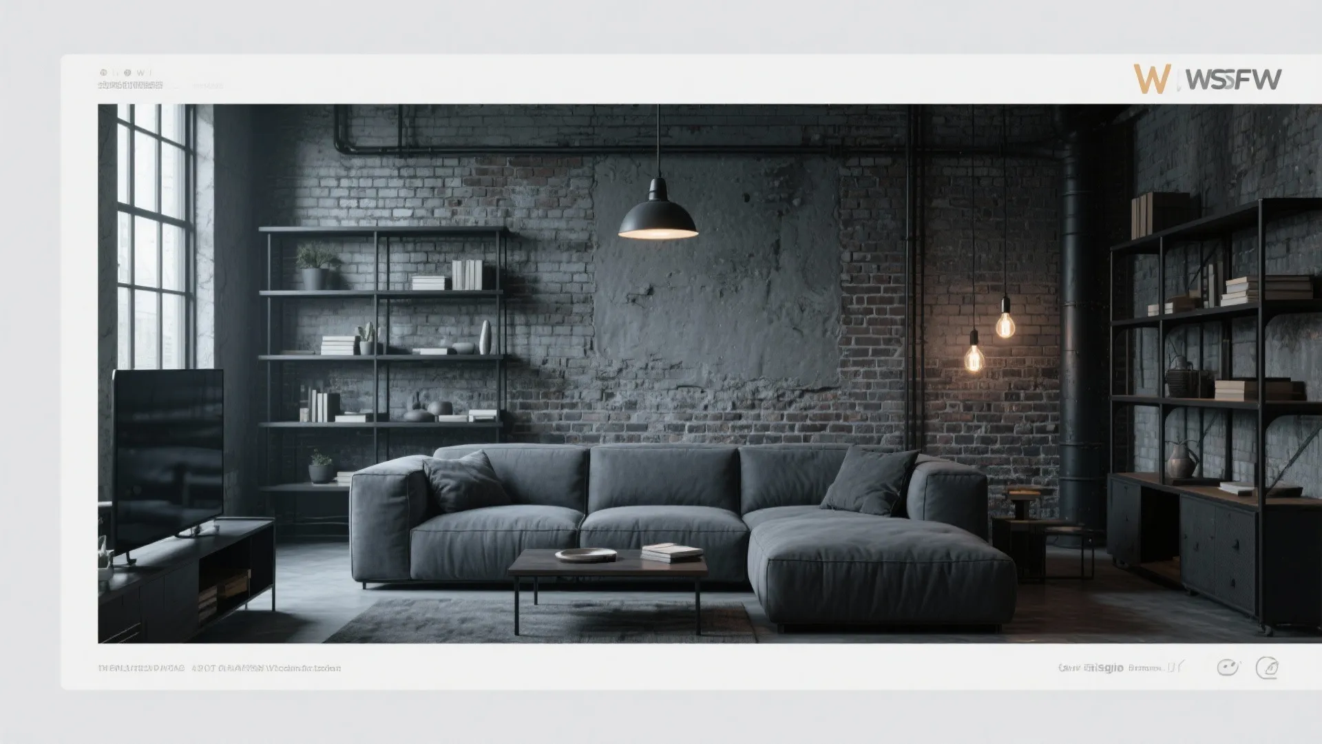 Industrial living room with gray sofa dark brick walls black metal shelves and hanging ceiling light