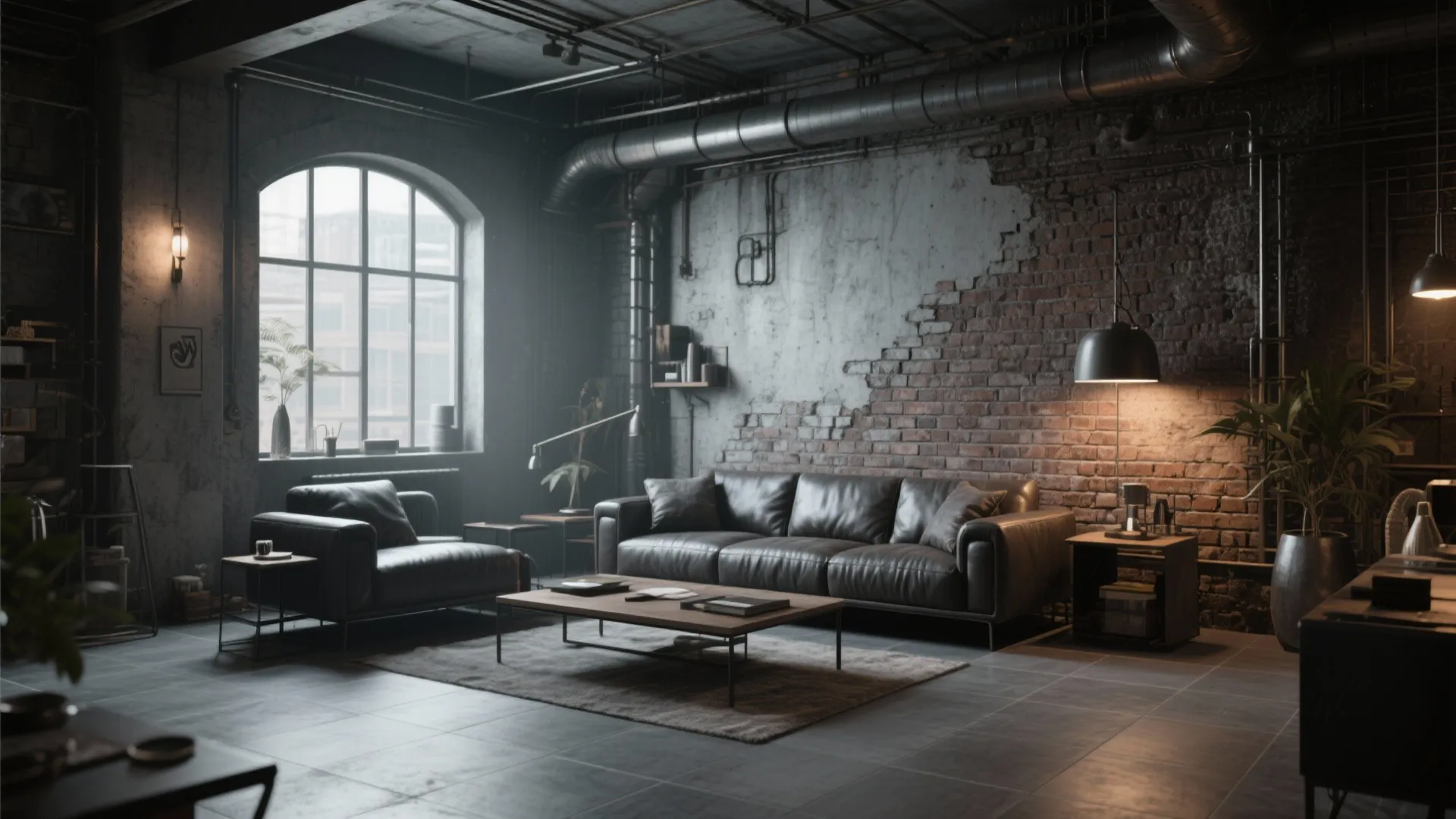 2. Industrial Loft with Concrete-Effect Tiles